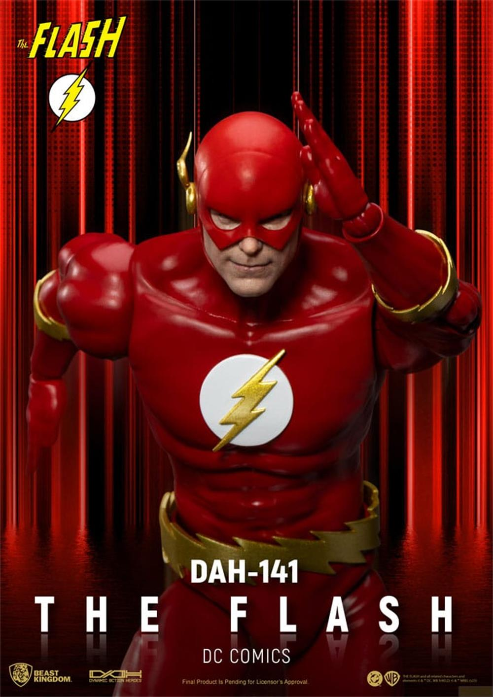Eine Figur von The Flash in Rot mit Blitzemblem und Goldakzenten.