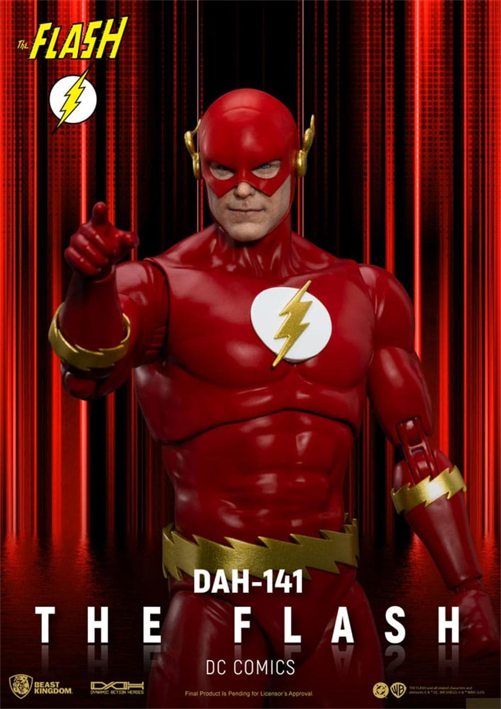 The Flash Figur im roten Anzug mit goldenen Akzenten, zeigt mit dem Finger. Roter gestreifter Hintergrund.