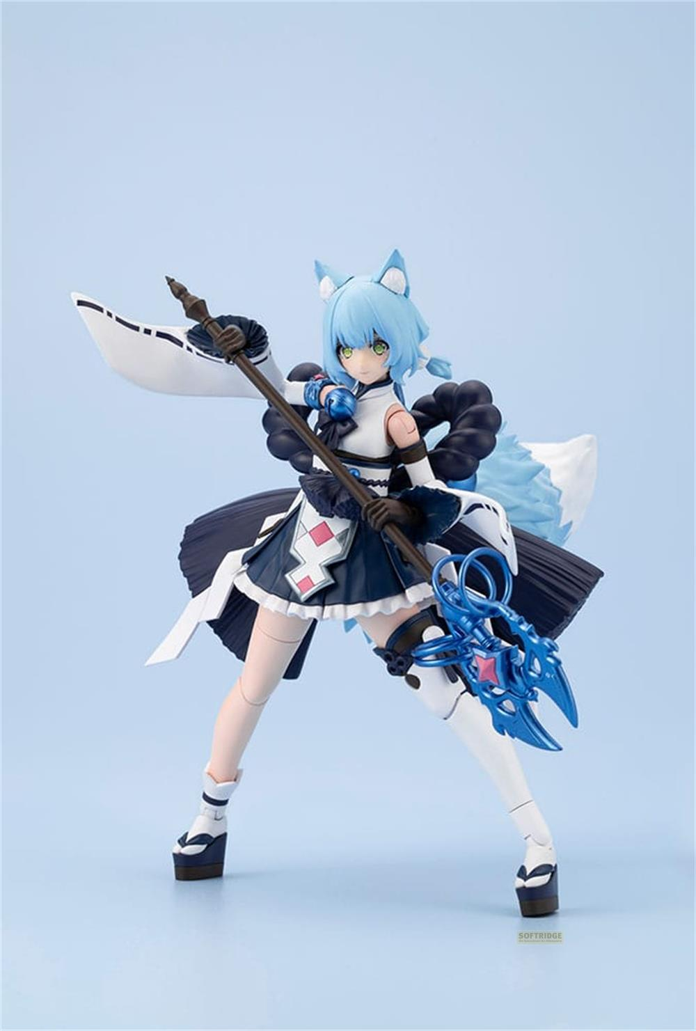 Anime-Figur mit blauen Haaren, Katzenohren und einem Gewehr hält eine Waffe.