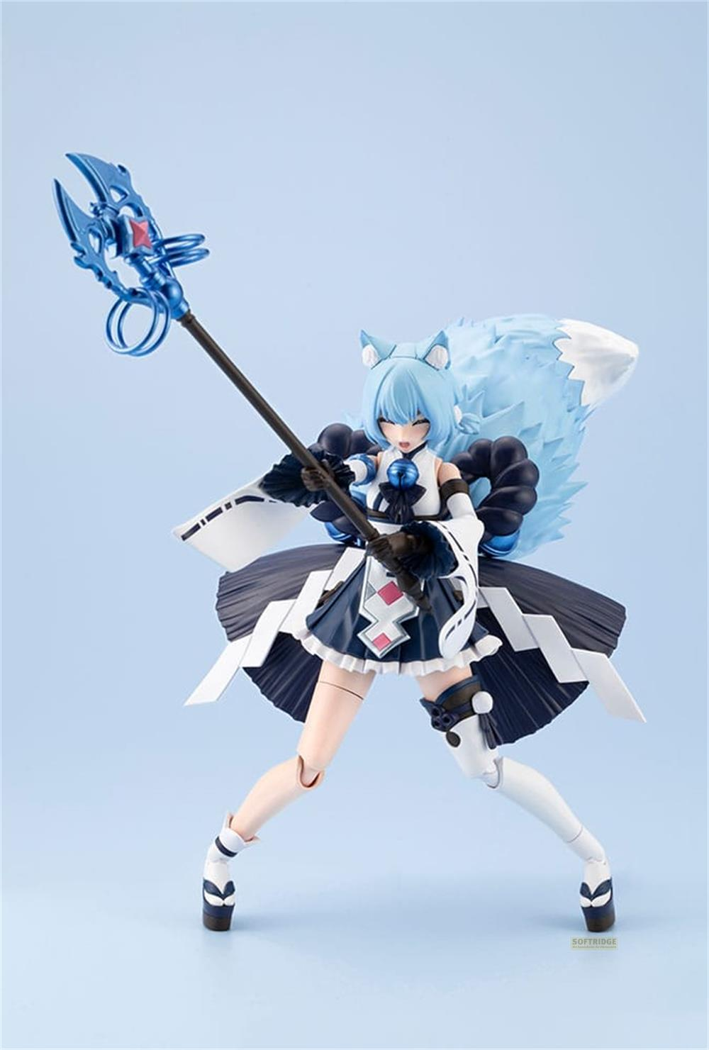 Eine Anime-Figur mit blauen Haaren und einem großen, flauschigen Schwanz hält einen blauen Stab.