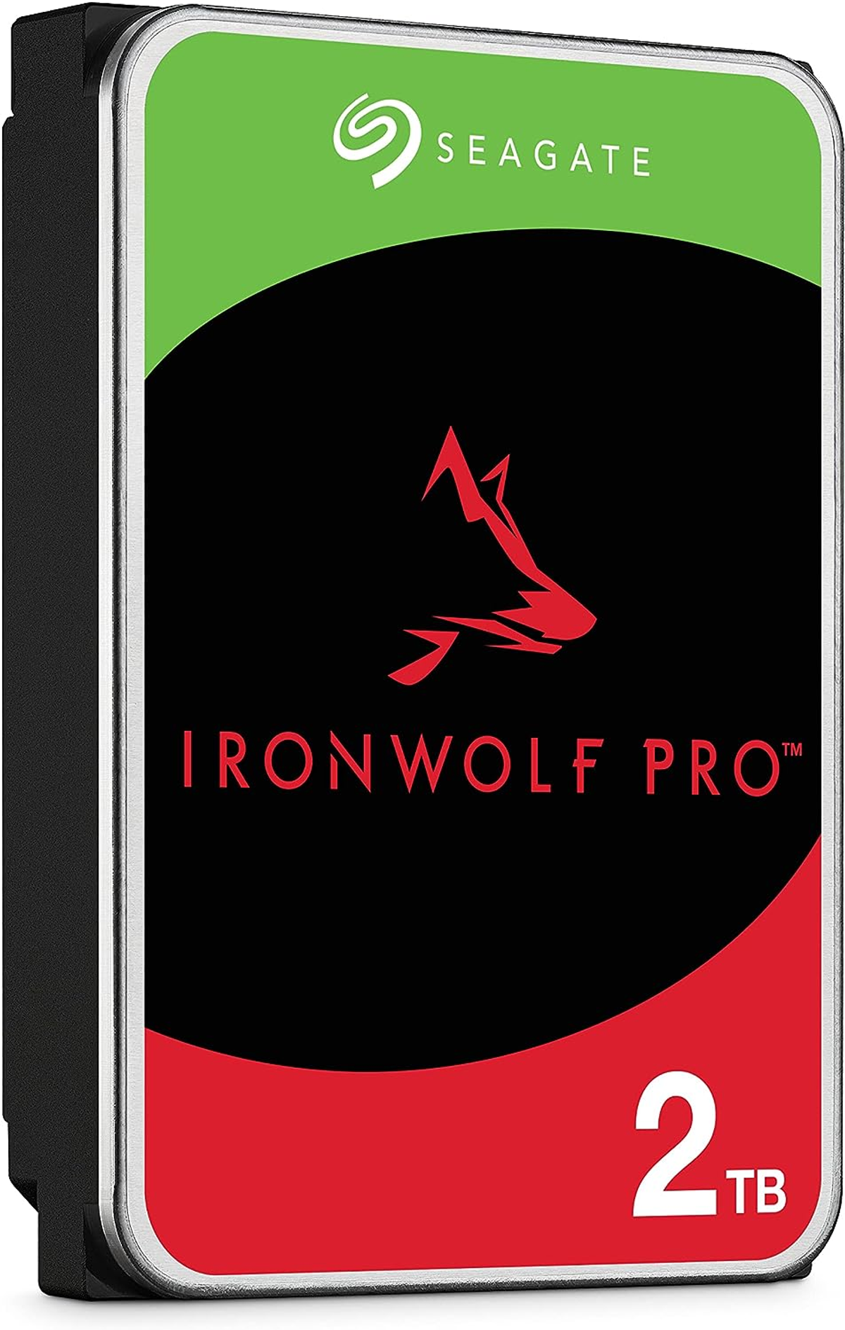 Dysk Seagate IronWolf Pro 2TB z czerwonym logo wilka na czarno-zielonym tle.