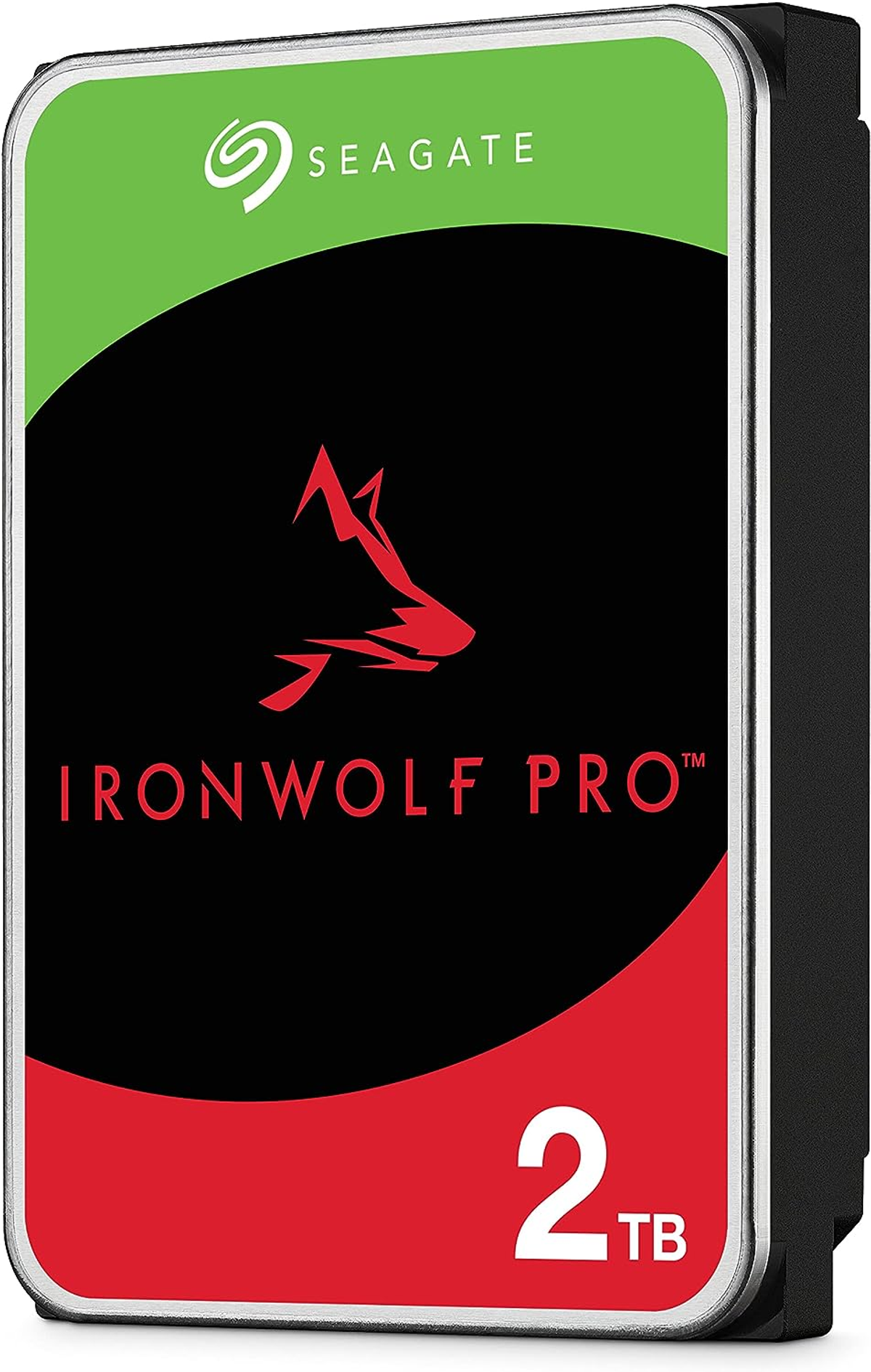 Dysk twardy Seagate IronWolf Pro 2TB z czerwonym logo wilka i zieloną górą.