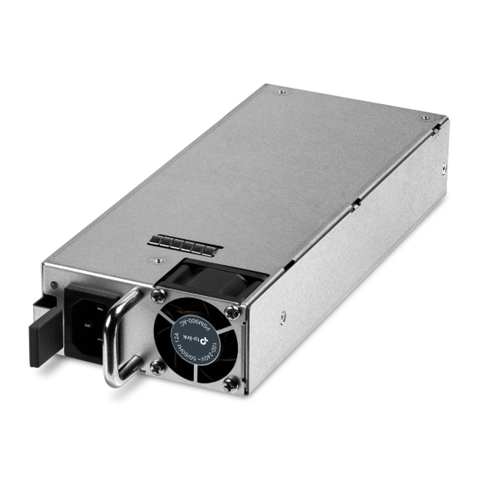 Una fuente de alimentación plateada con ventilador y conector de corriente.