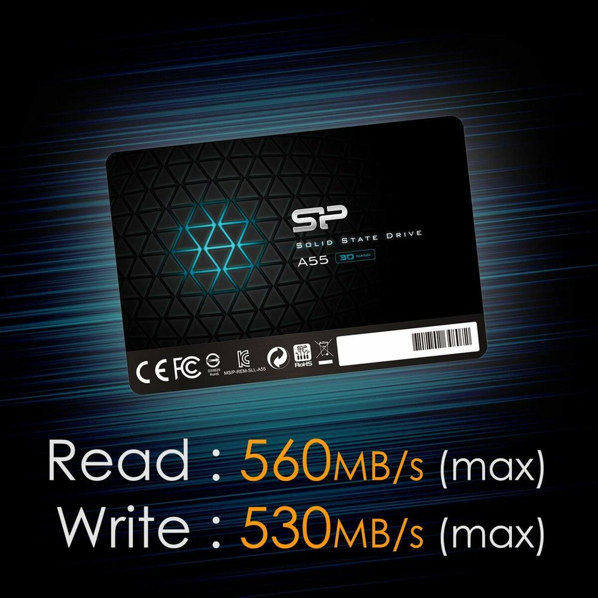Czarny dysk SSD z logo SP i prędkościami: Odczyt 560MB/s, Zapis 530MB/s.