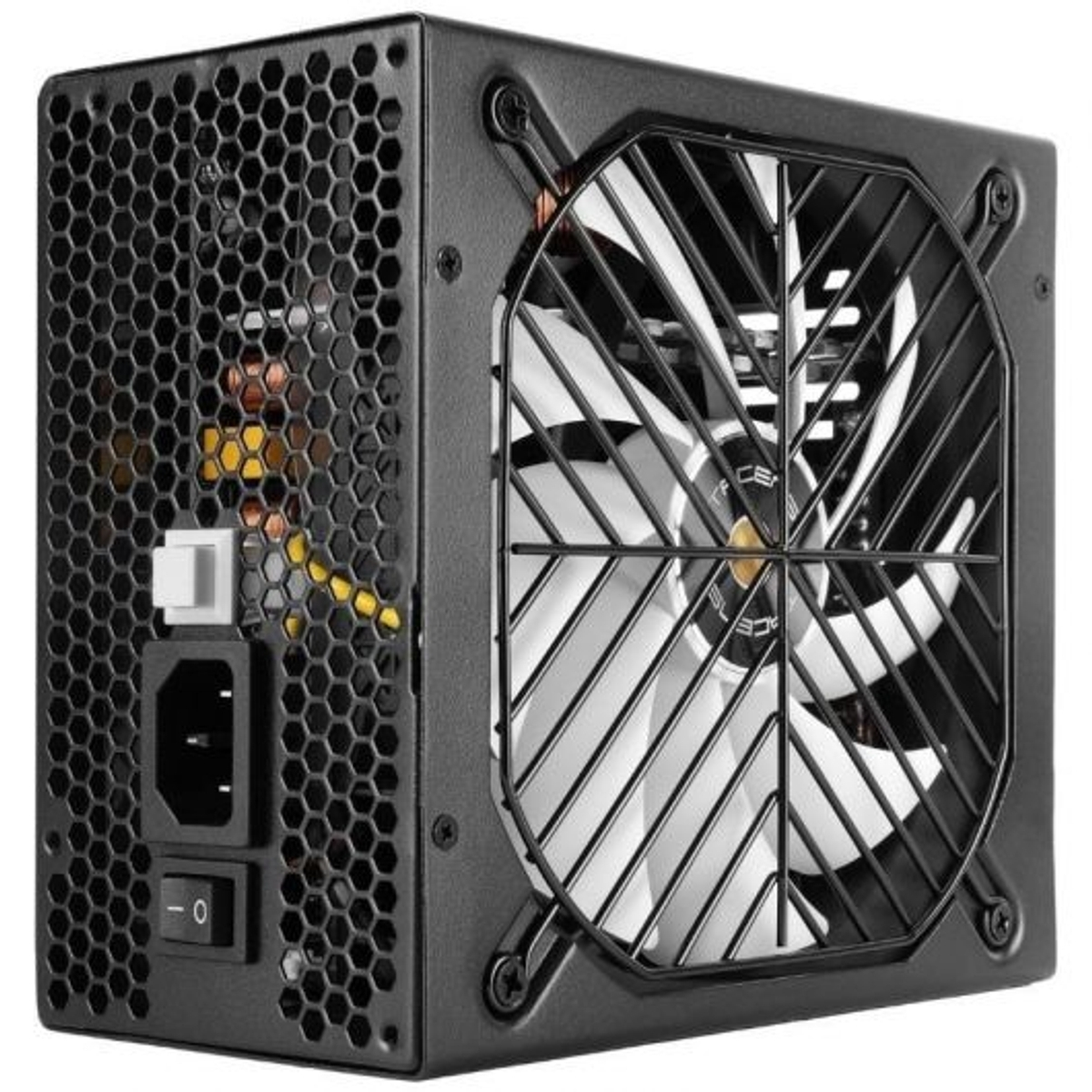 Fuente de alimentación negra con rejilla de ventilador y interruptor.