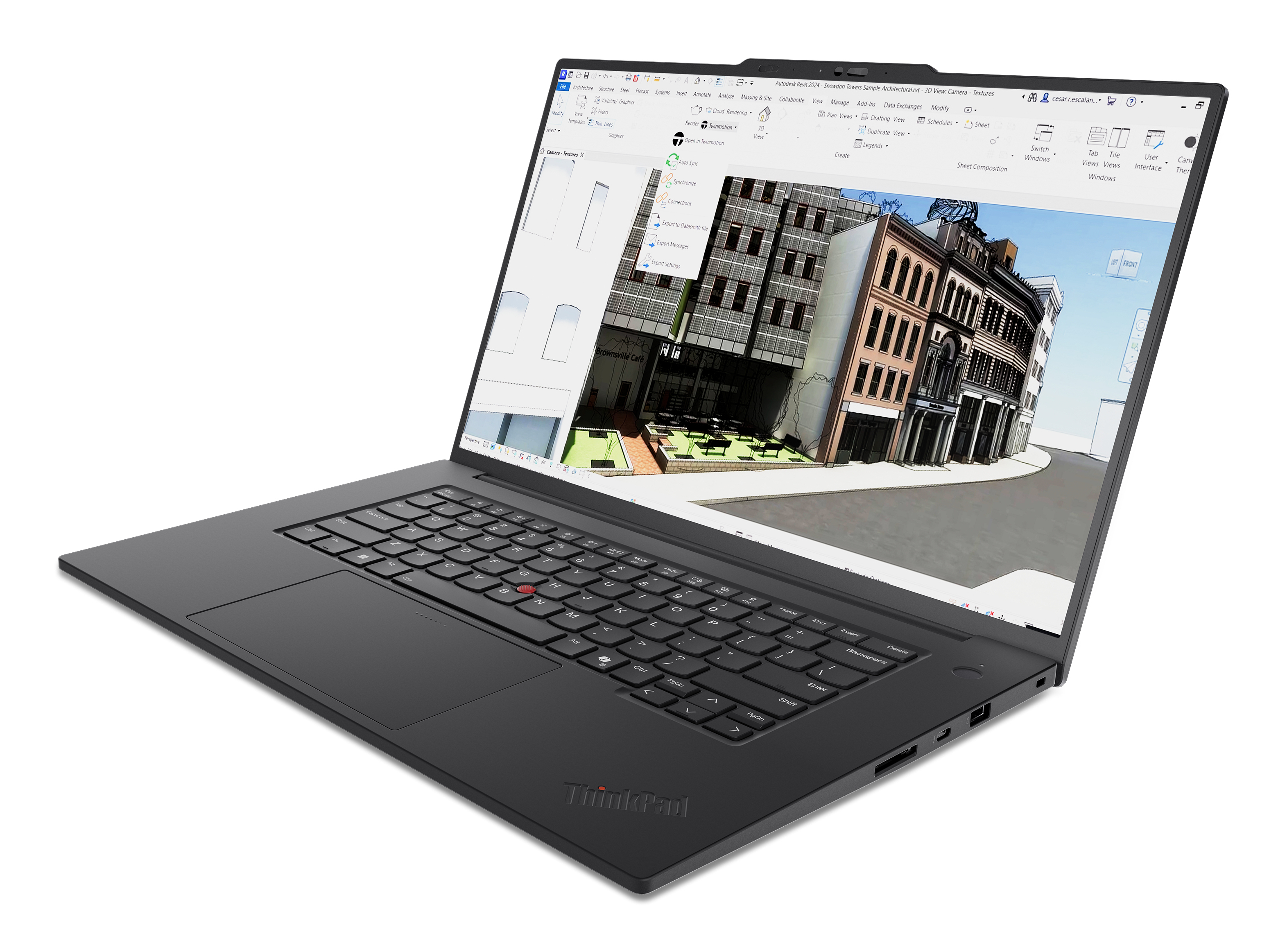 Un laptop nero mostra una simulazione architettonica 3D con edifici e scene stradali.