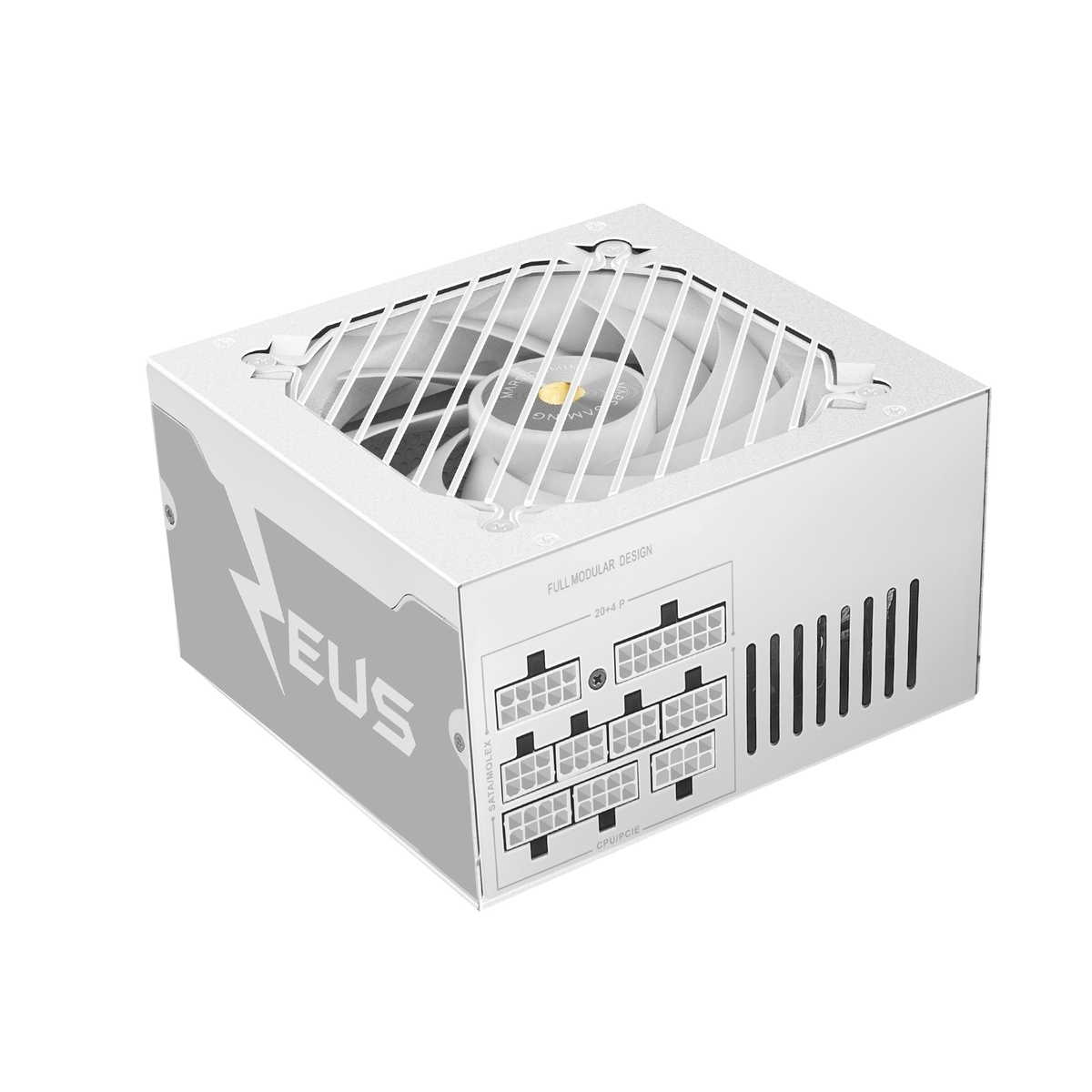 Una fuente de alimentación blanca con rejilla de ventilador y conectores.
