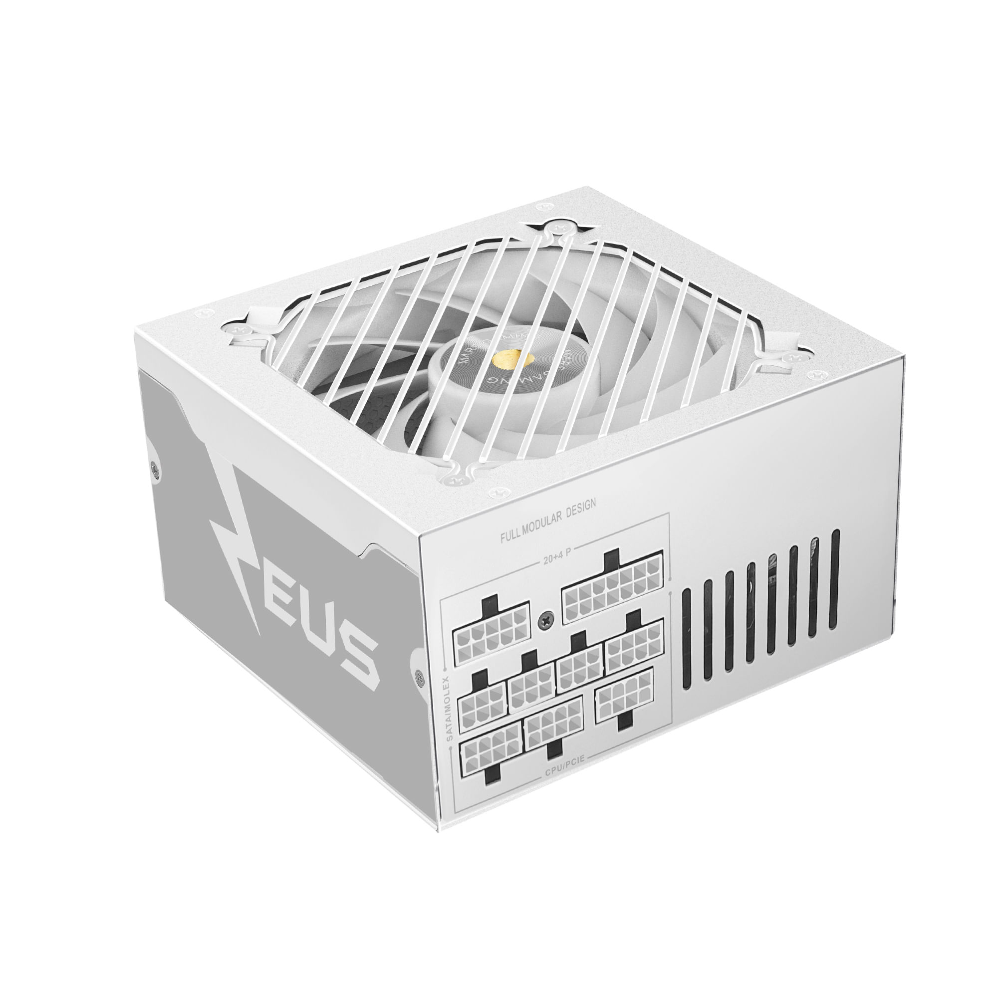 Una fuente de alimentación blanca con rejilla de ventilador y puertos modulares.