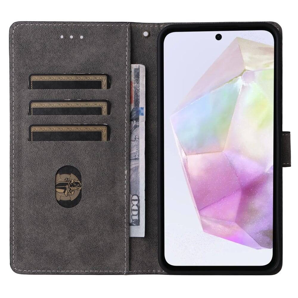 Custodia grigia per telefono con tre slot per carte, una banconota e uno smartphone con sfondo colorato.