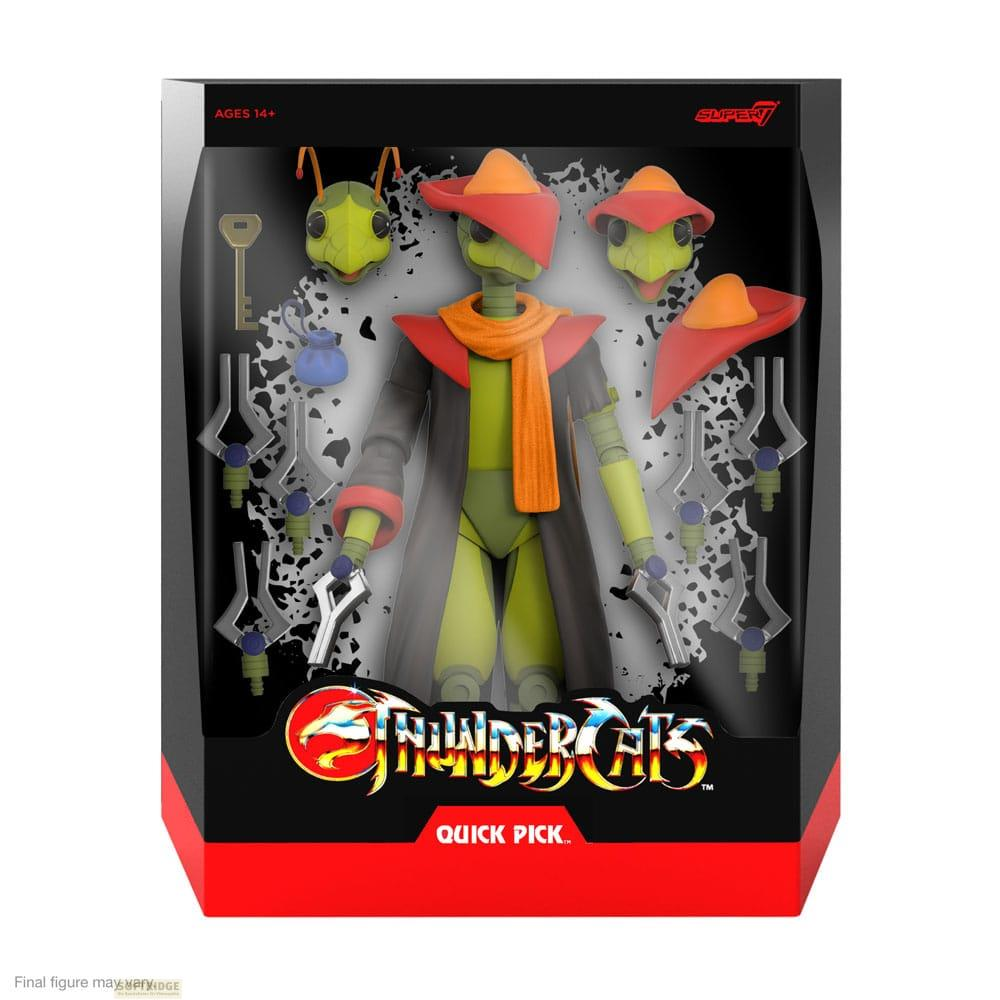 Thundercats-Figur im Karton mit Zubehör, einschließlich Schlüssel und Waffen.