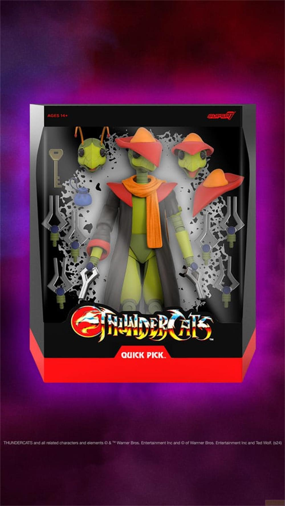 Thundercats-Figur in einer Packung mit Zubehör. Grüne Figur mit rotem Hut.