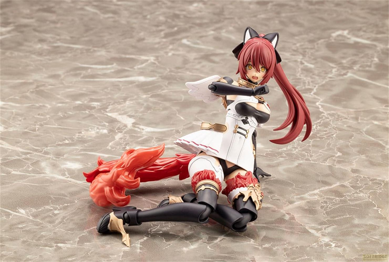 Eine Anime-Figur mit roten Haaren, Katzenohren und einem weißen Kleid kniet auf einem Marmorboden.