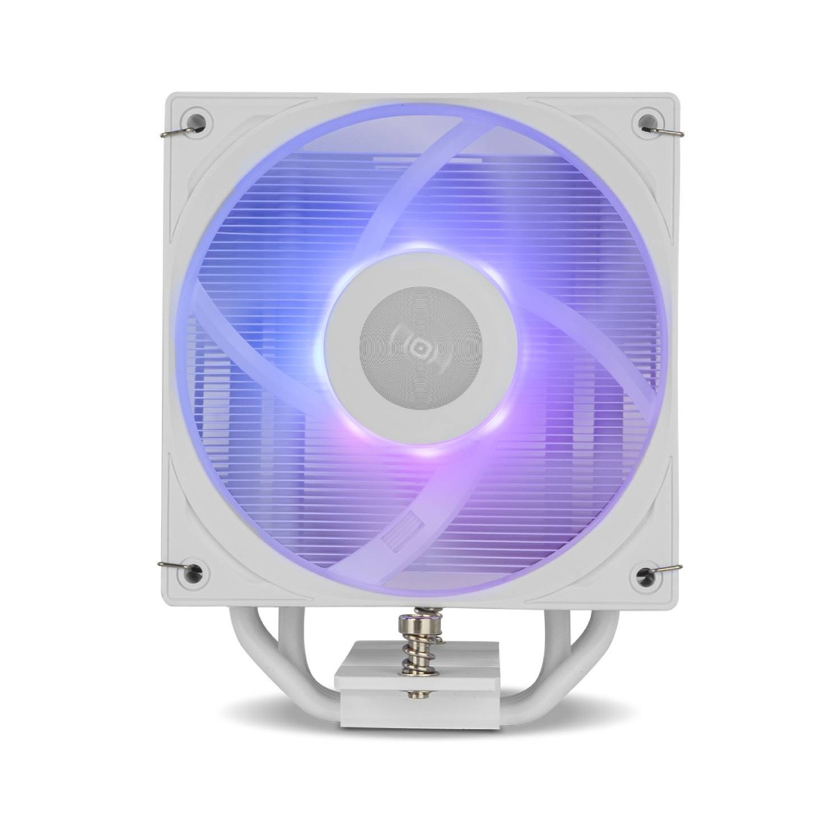 Witte CPU-koeler ventilator met blauwe en paarse LED's. Centraal logo op ventilator.