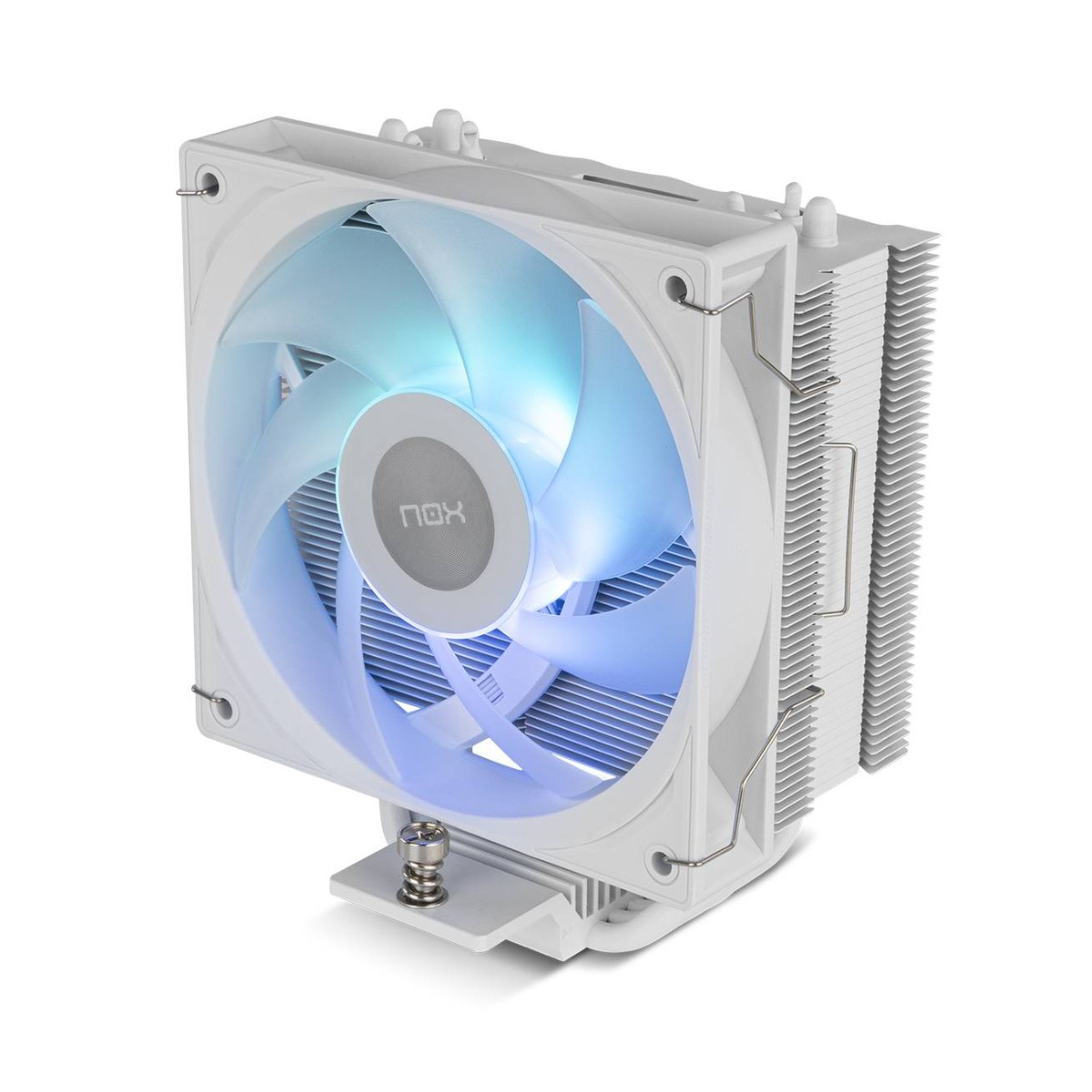 Een witte CPU-koeler met verlichte ventilatorbladen en aluminium lamellen.