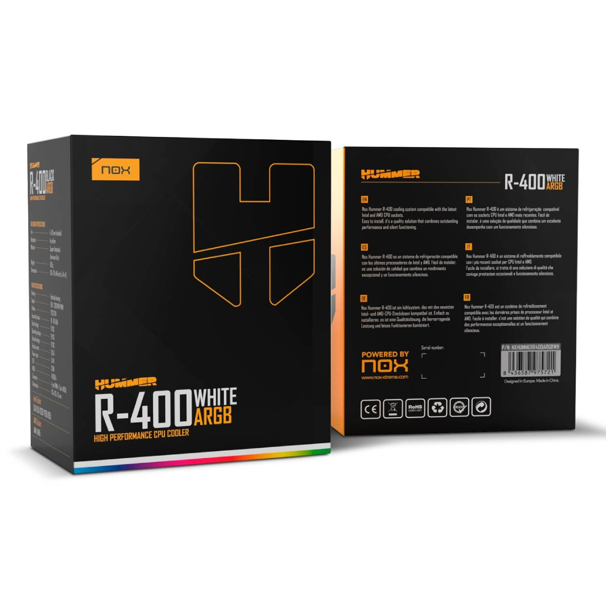 Nox Hummer R-400 CPU-koeler verpakking met ARGB-verlichting.