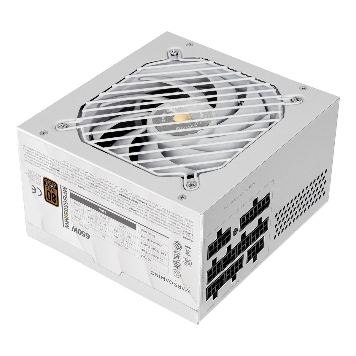Una fuente de alimentación blanca con ventilador y conectores modulares. Etiqueta indica 650W.