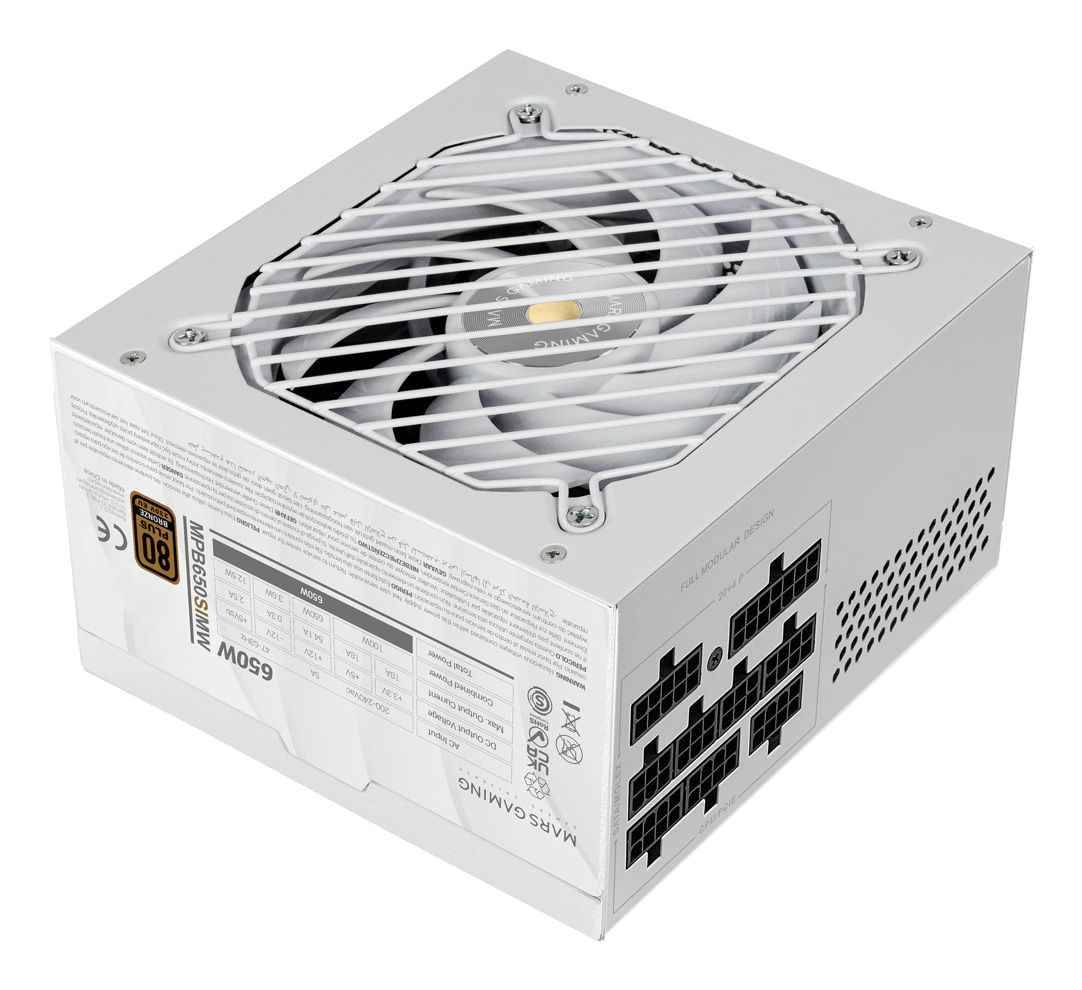 Una fuente de alimentación blanca con rejilla y ventilador que muestra el logo de Mars Gaming.