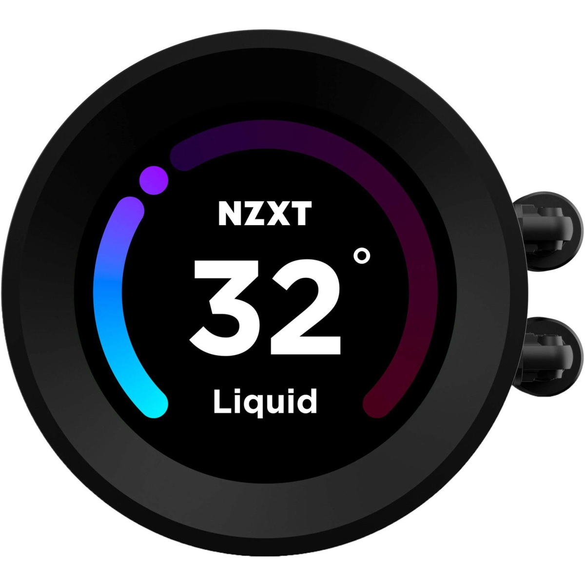 NZXT liquid cooler with digital display showing 32 degrees Celsius.