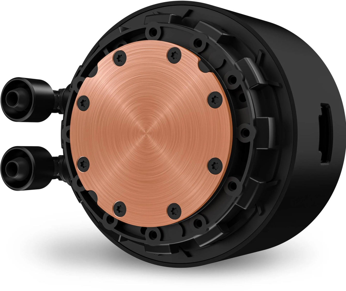 Black cooler with copper plate and fittings.