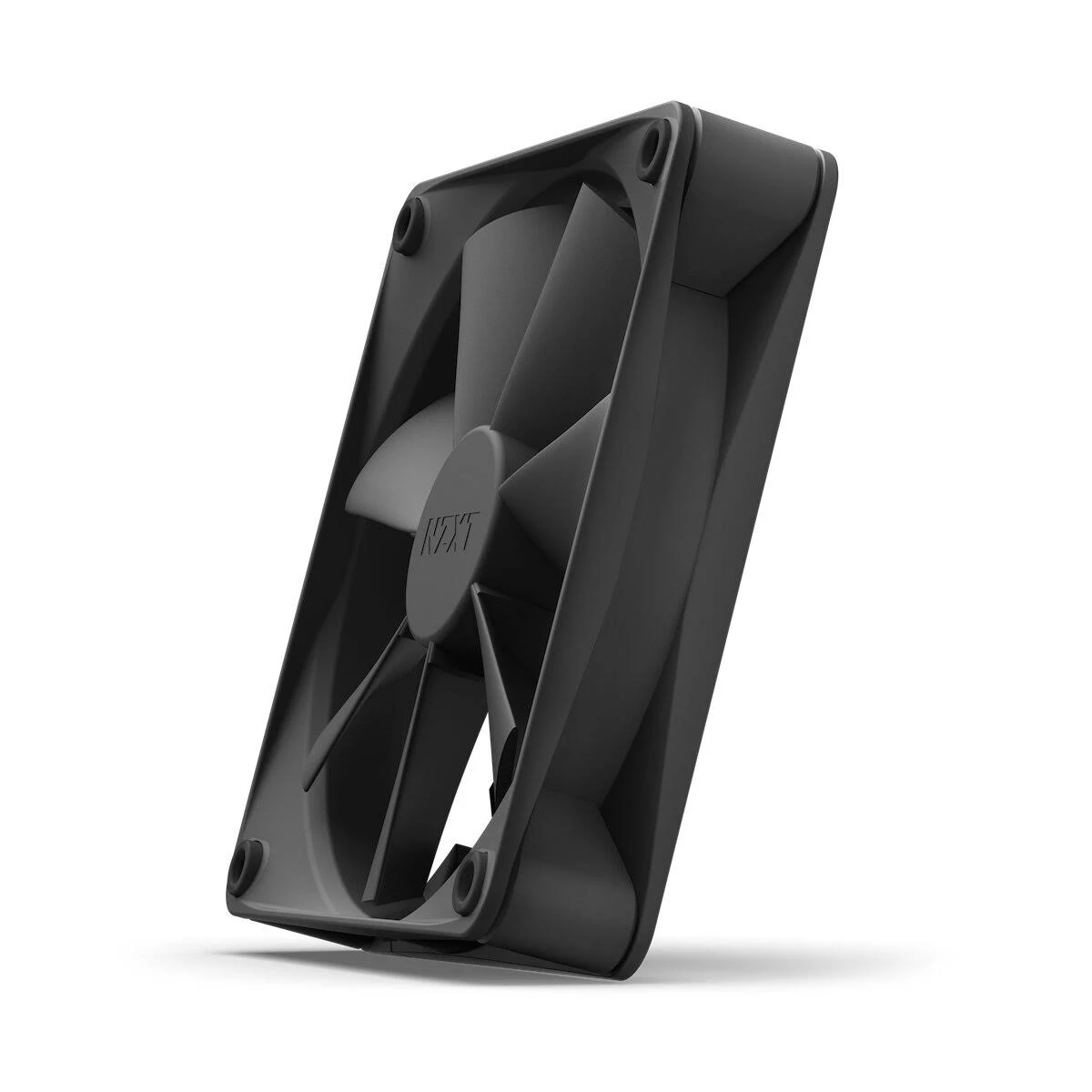 A black computer fan with four blades is shown against a white background.