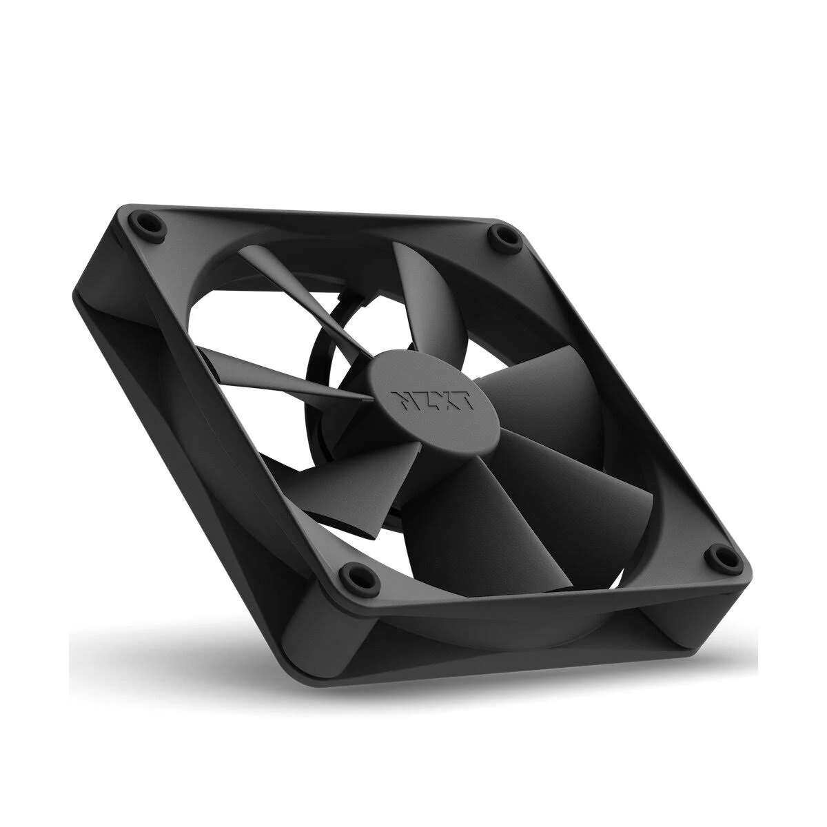 A black computer fan with four blades shown against a white background.