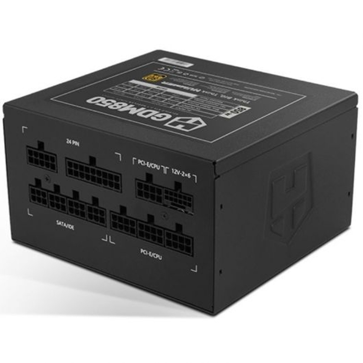 Fuente de alimentación negra con conectores de 24 pines, SATA/IDE y PCI-E/CPU.