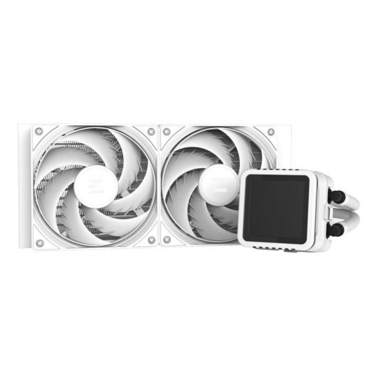 Un dissipatore per CPU bianco con due ventole e una testa della pompa quadrata con schermo nero.