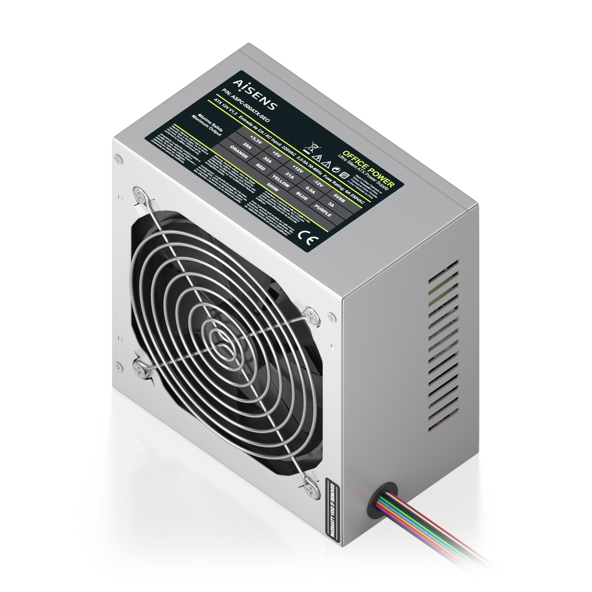 Fuente de alimentación plateada para PC con rejilla de ventilador y etiqueta. Cables salen por abajo.