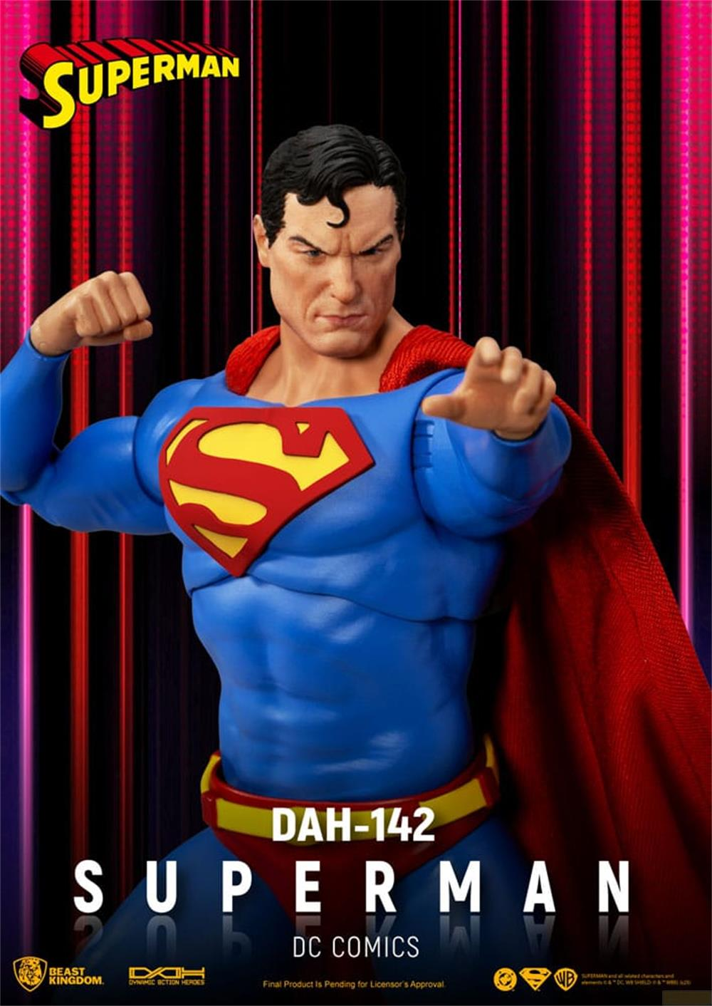 Superman-Actionfigur in blauem Anzug mit rotem Cape, S-Symbol auf der Brust.