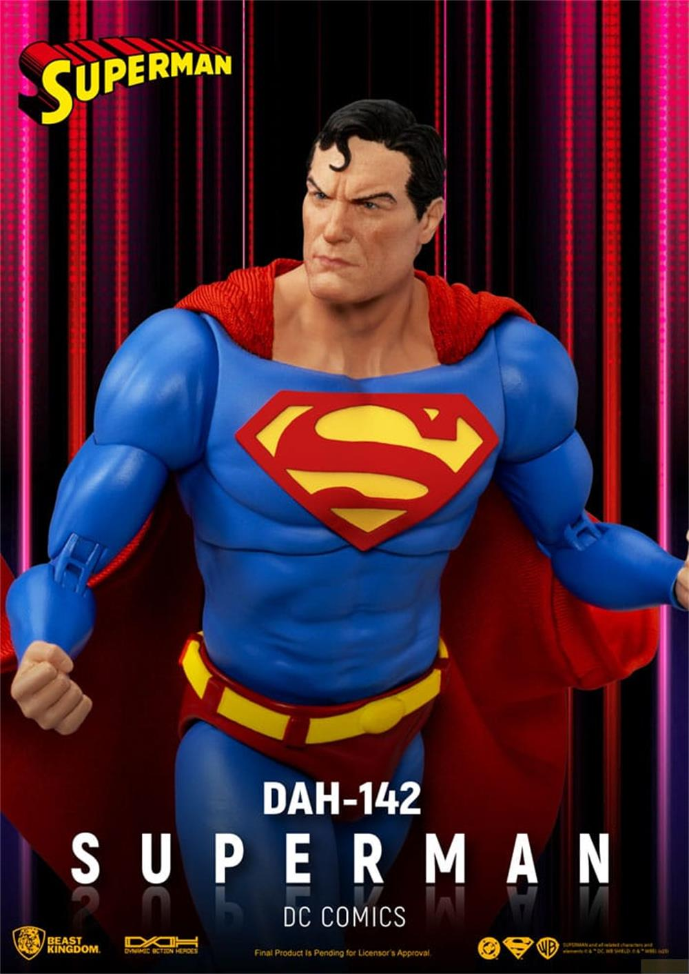 Superman-Figur in blauem Anzug, rotem Umhang, gelbem Schild-Symbol.