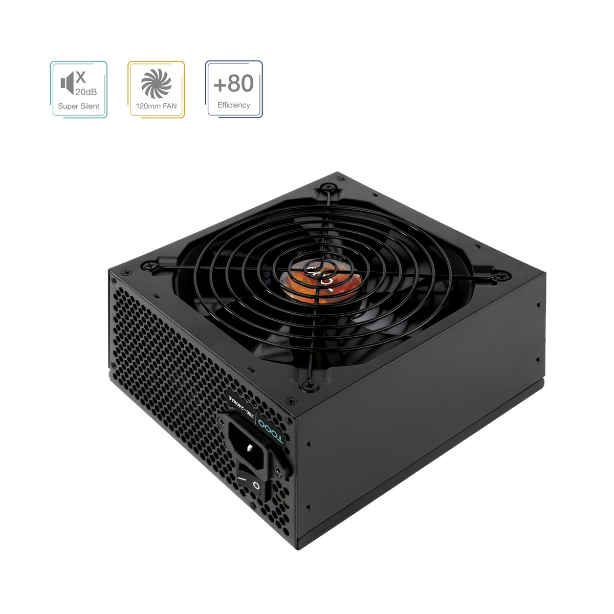 Alimentatore nero con griglia della ventola e interruttore laterale.