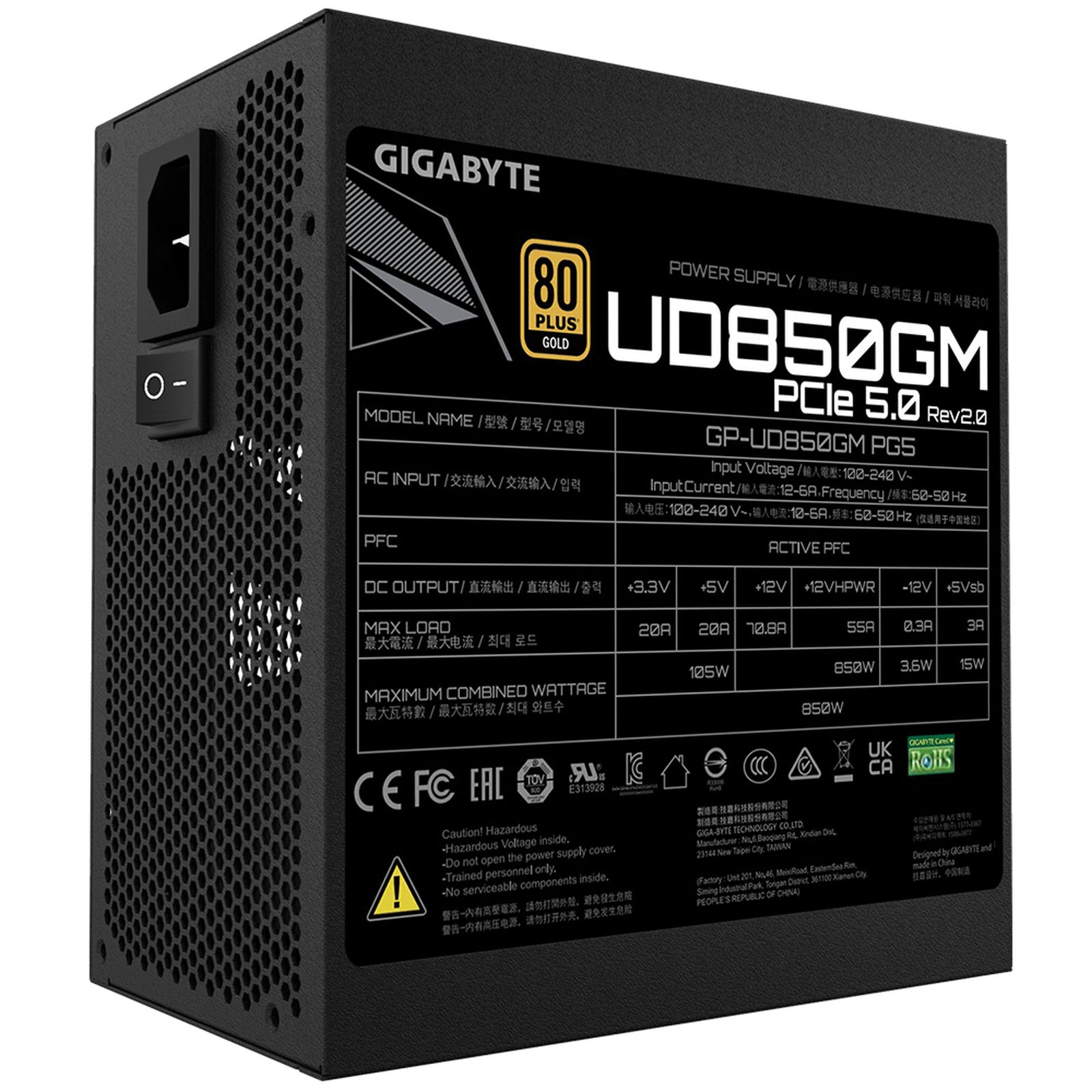 A black power supply unit with a silver 80 Plus Gold logo and GIGABYTE branding.
