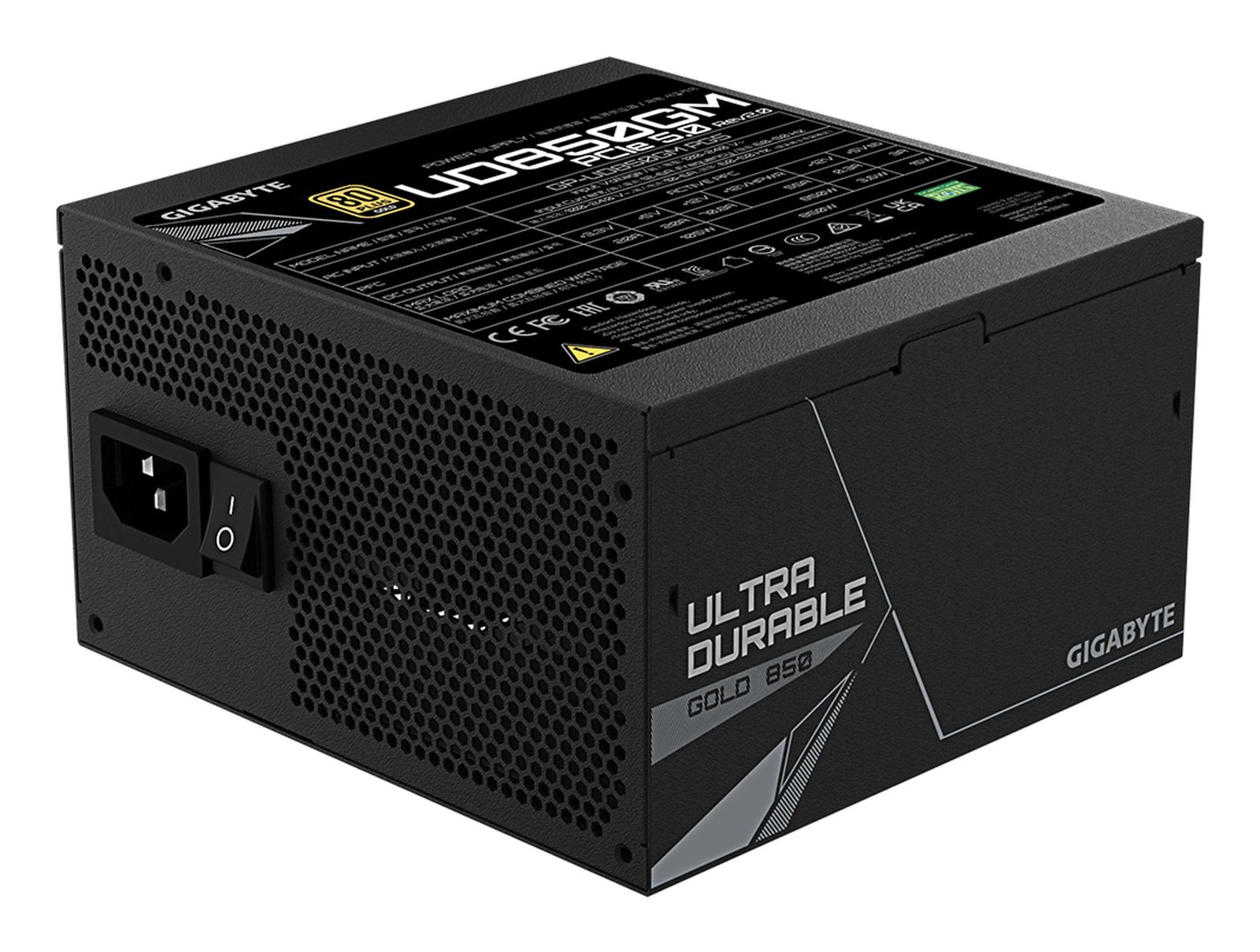 Black power supply unit with ventilation grille, switch, and Gigabyte logo.