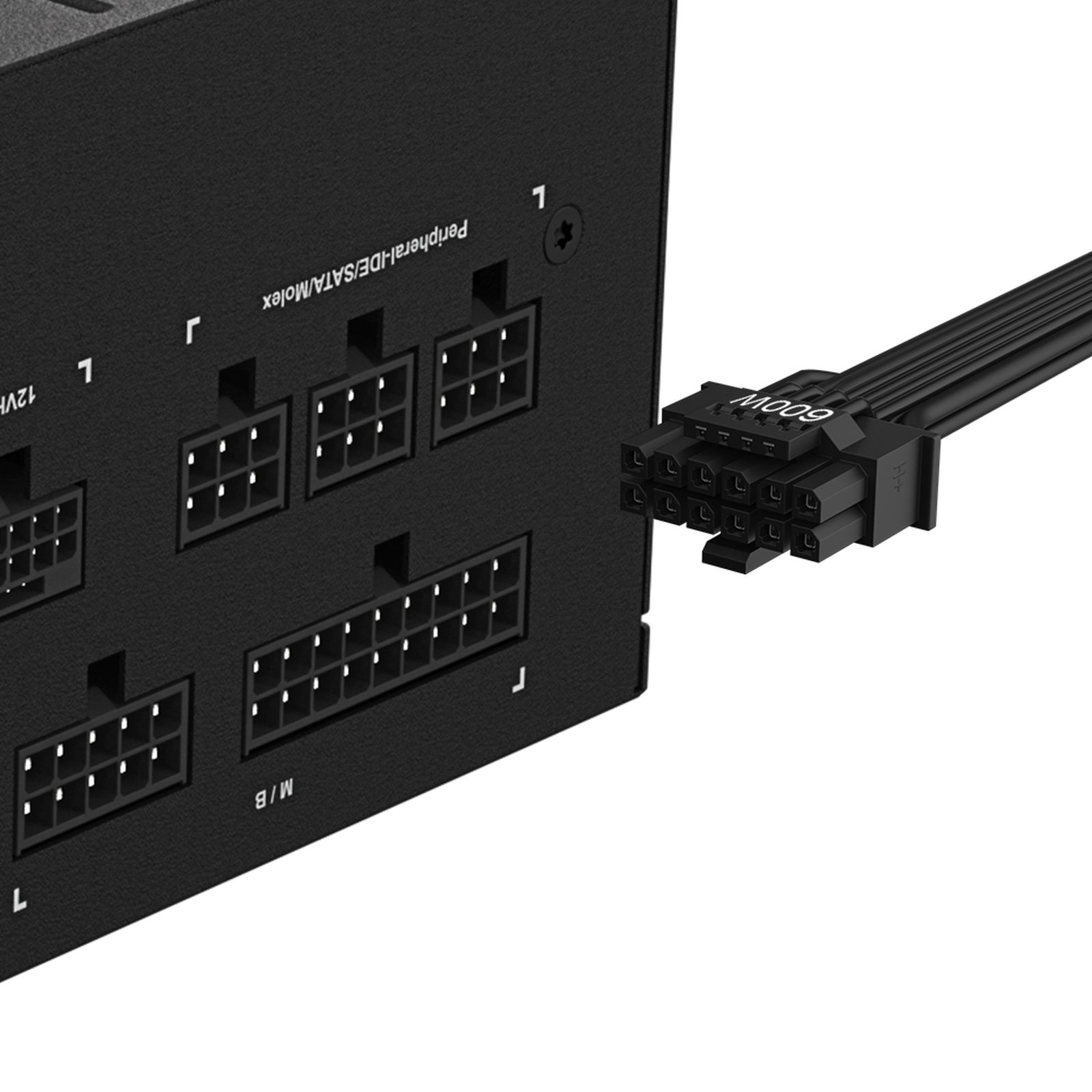 Black power supply unit with a 600W cable connected and various ports.