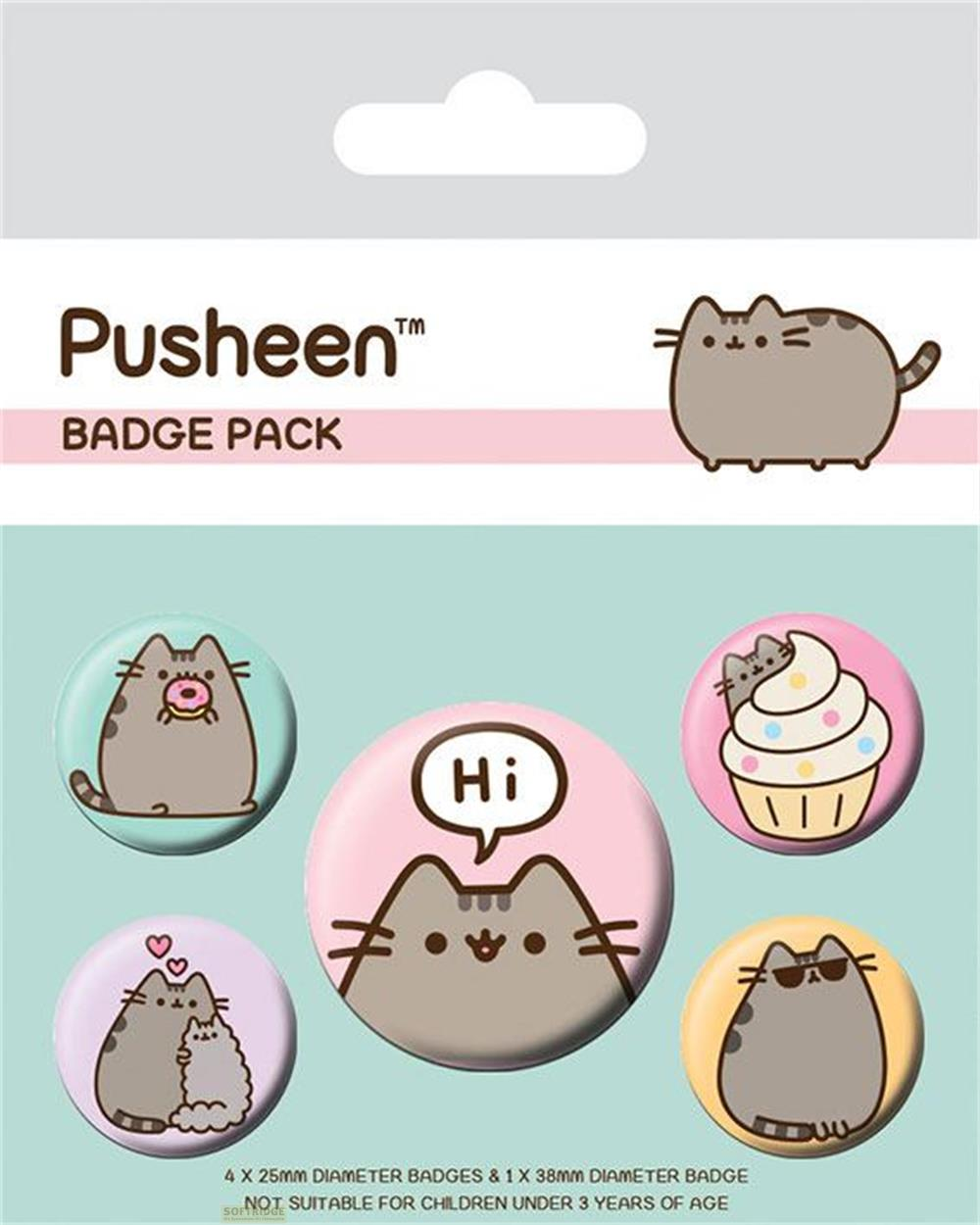 Pusheen-Abzeichenpaket mit 5 runden Ansteckern, Katzenmotive.