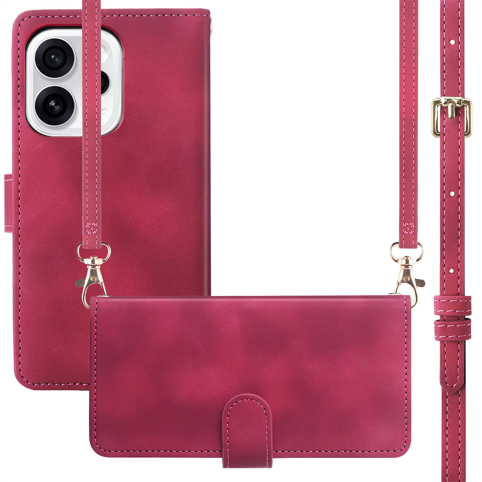 Étui de téléphone en cuir rouge avec découpe caméra, portefeuille et lanière.