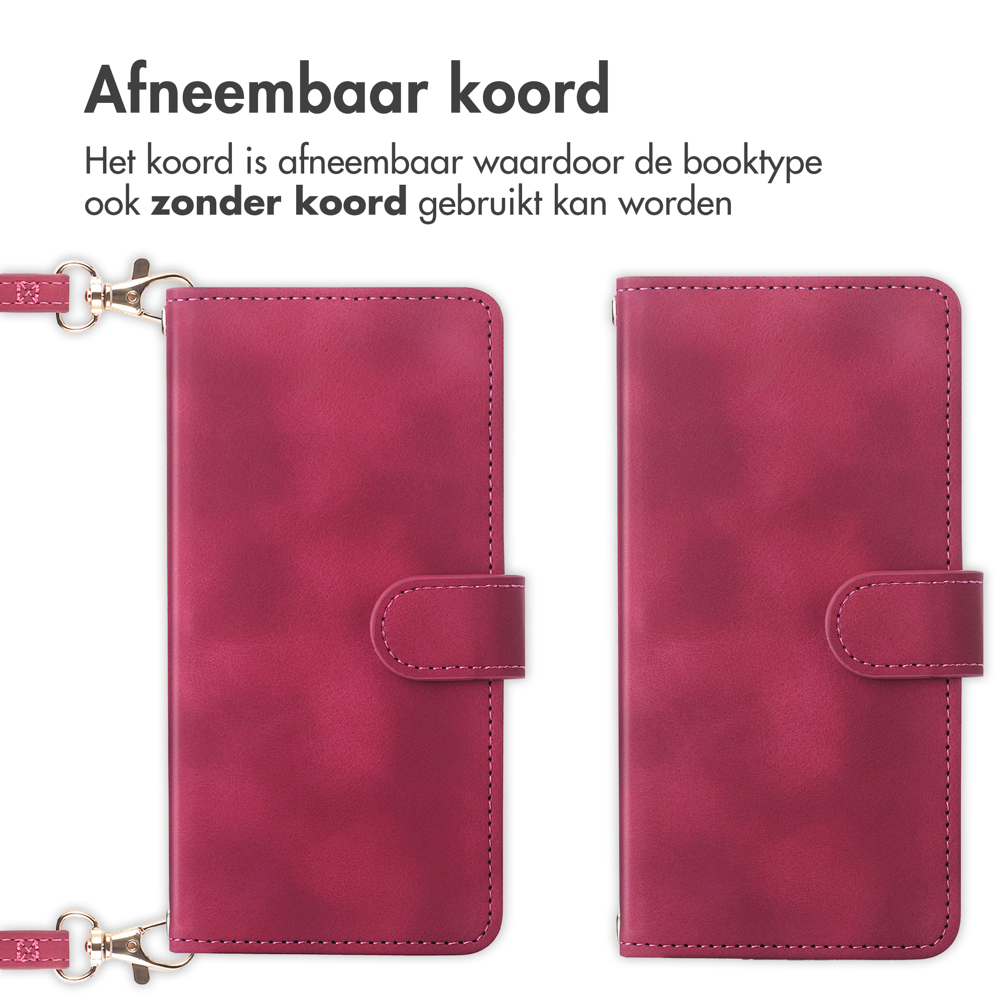 Deux étuis de téléphone roses côte à côte, dont un avec une lanière.