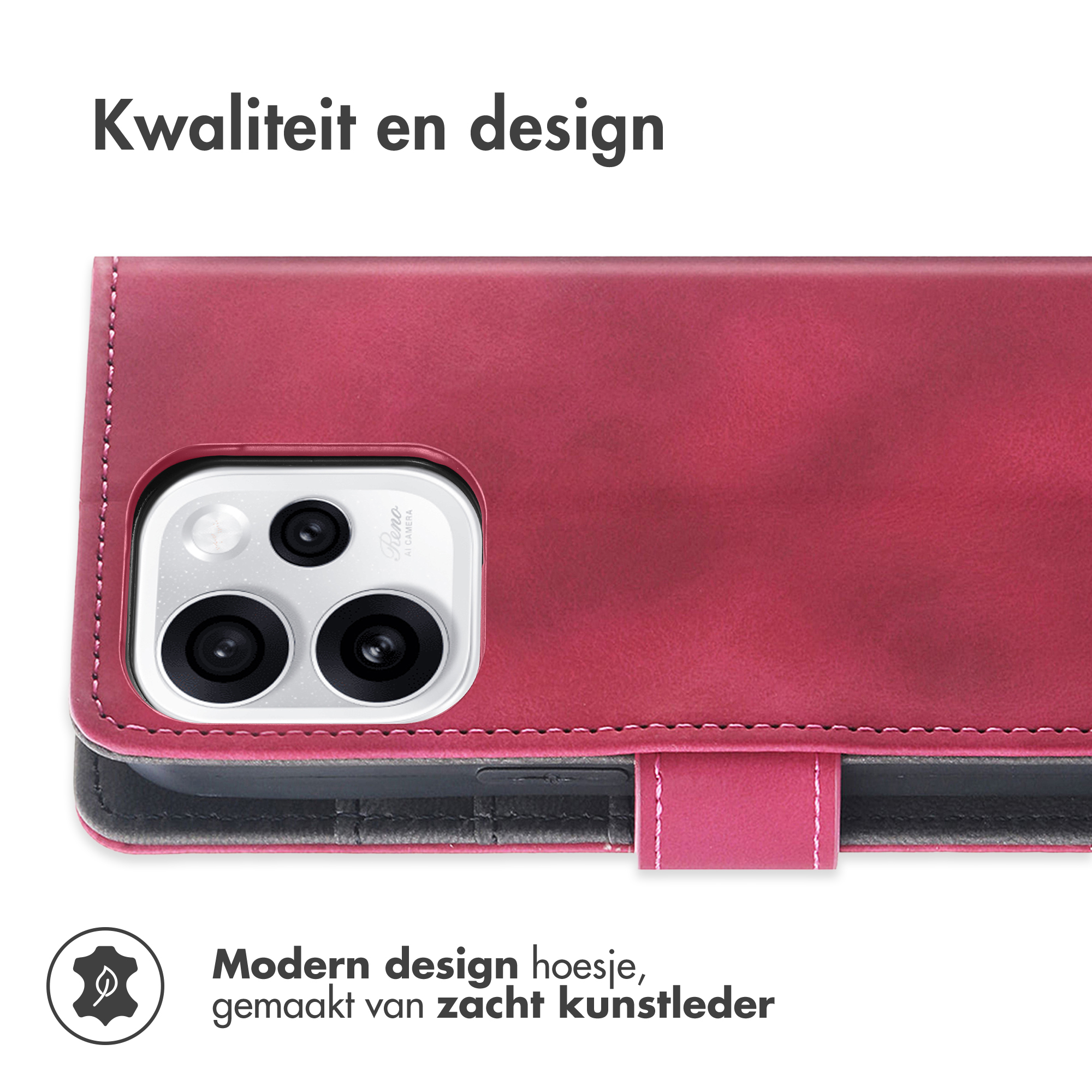 Étui pour téléphone en similicuir rouge avec découpe caméra et coutures.