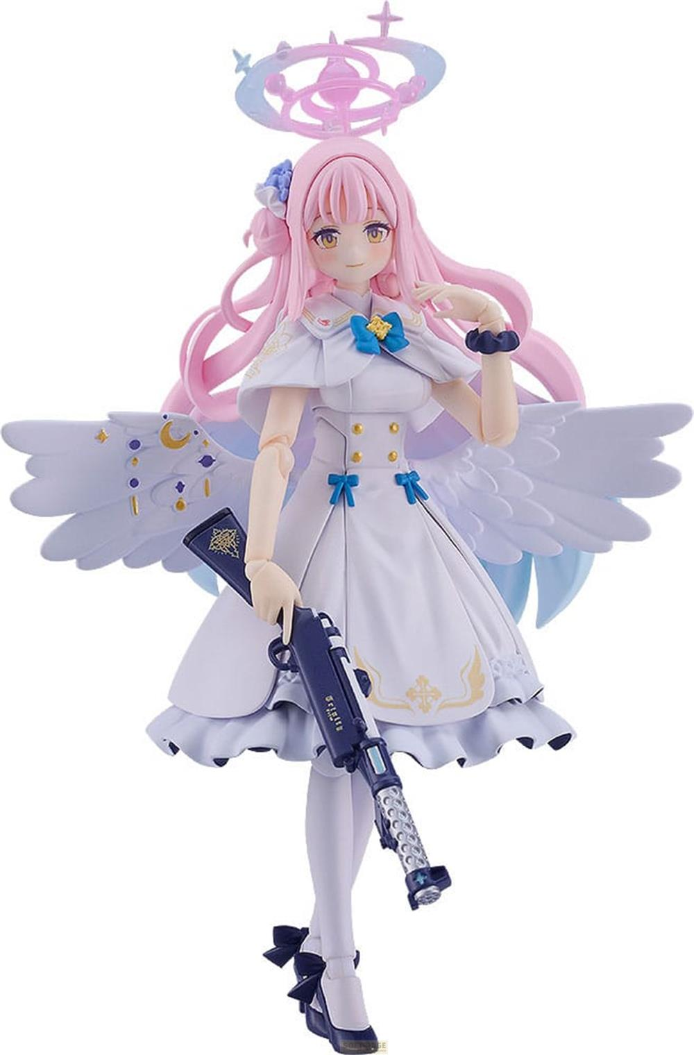 Eine weibliche Figur mit langen rosa Haaren, weißen Flügeln und einem Gewehr.