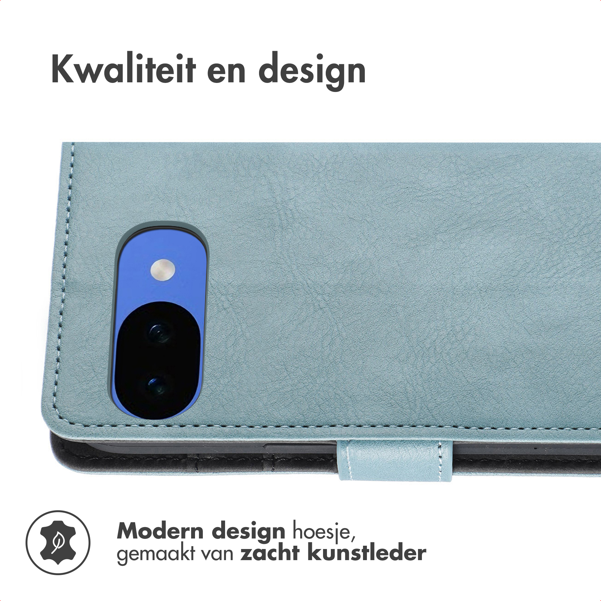 Lichtblauwe kunstleren telefoonhoes met camerablok. Hoogwaardig design.