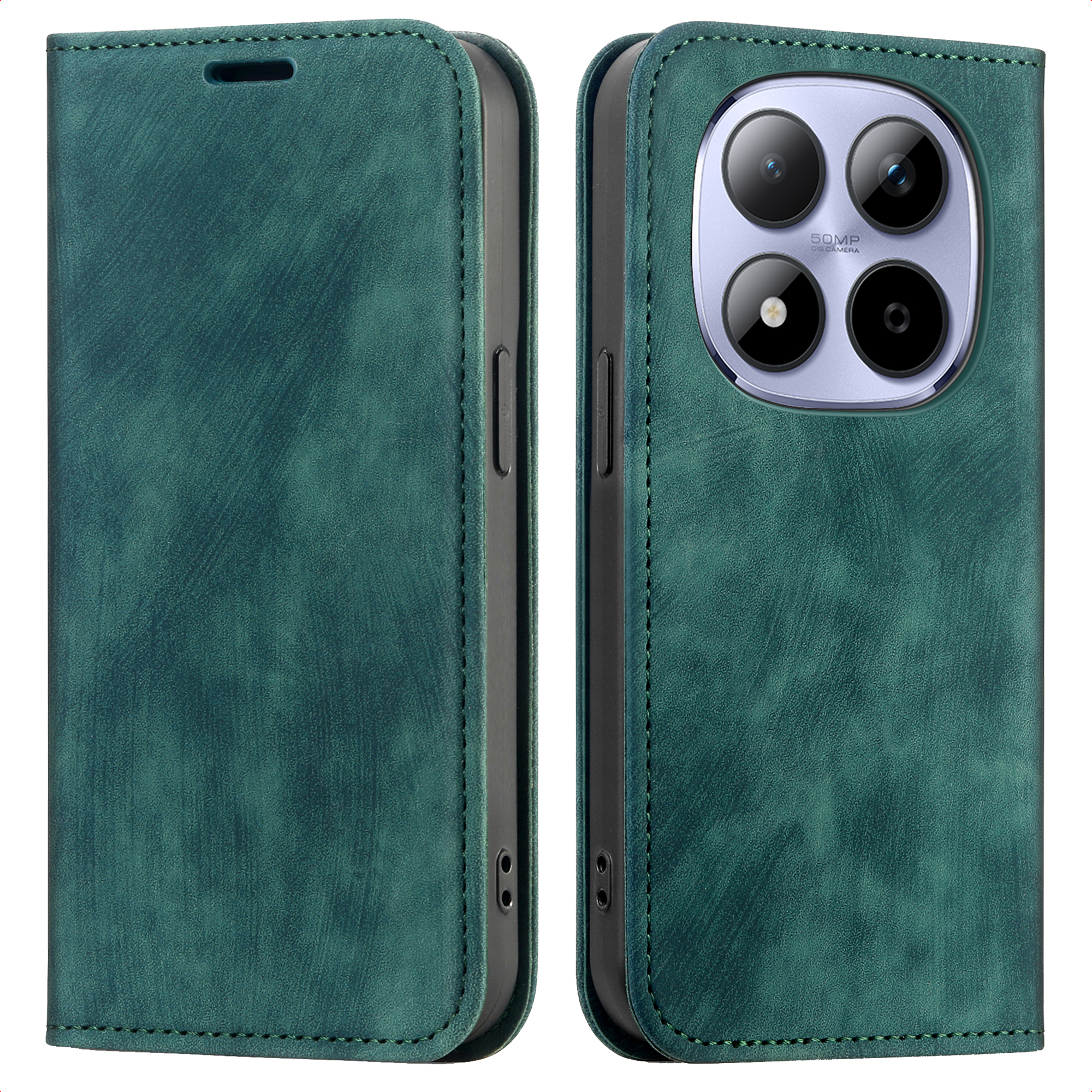 Groene telefoonhoes met vier camera's en stiksels.