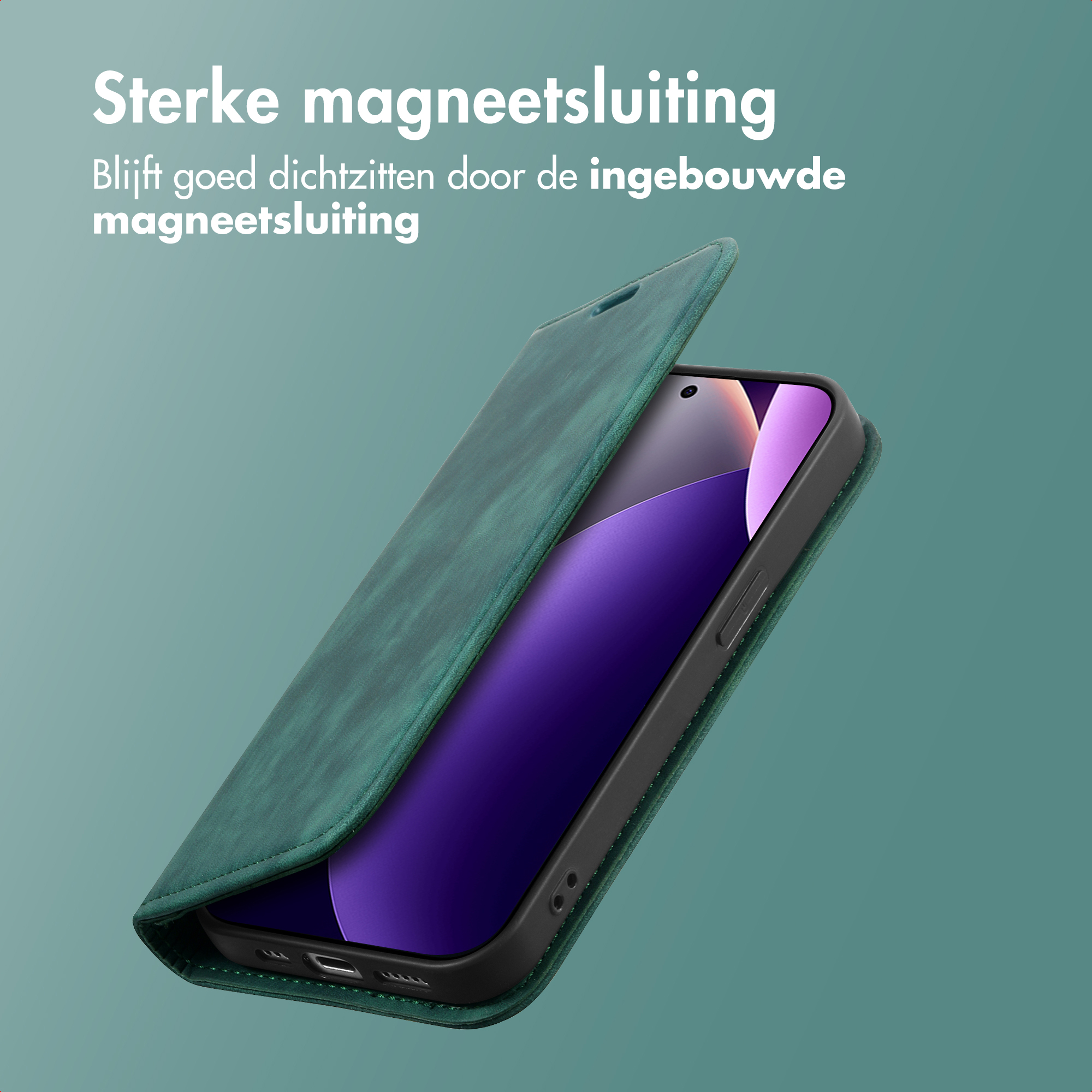 Een groene flip telefoonhoes opent en onthult een paars scherm.