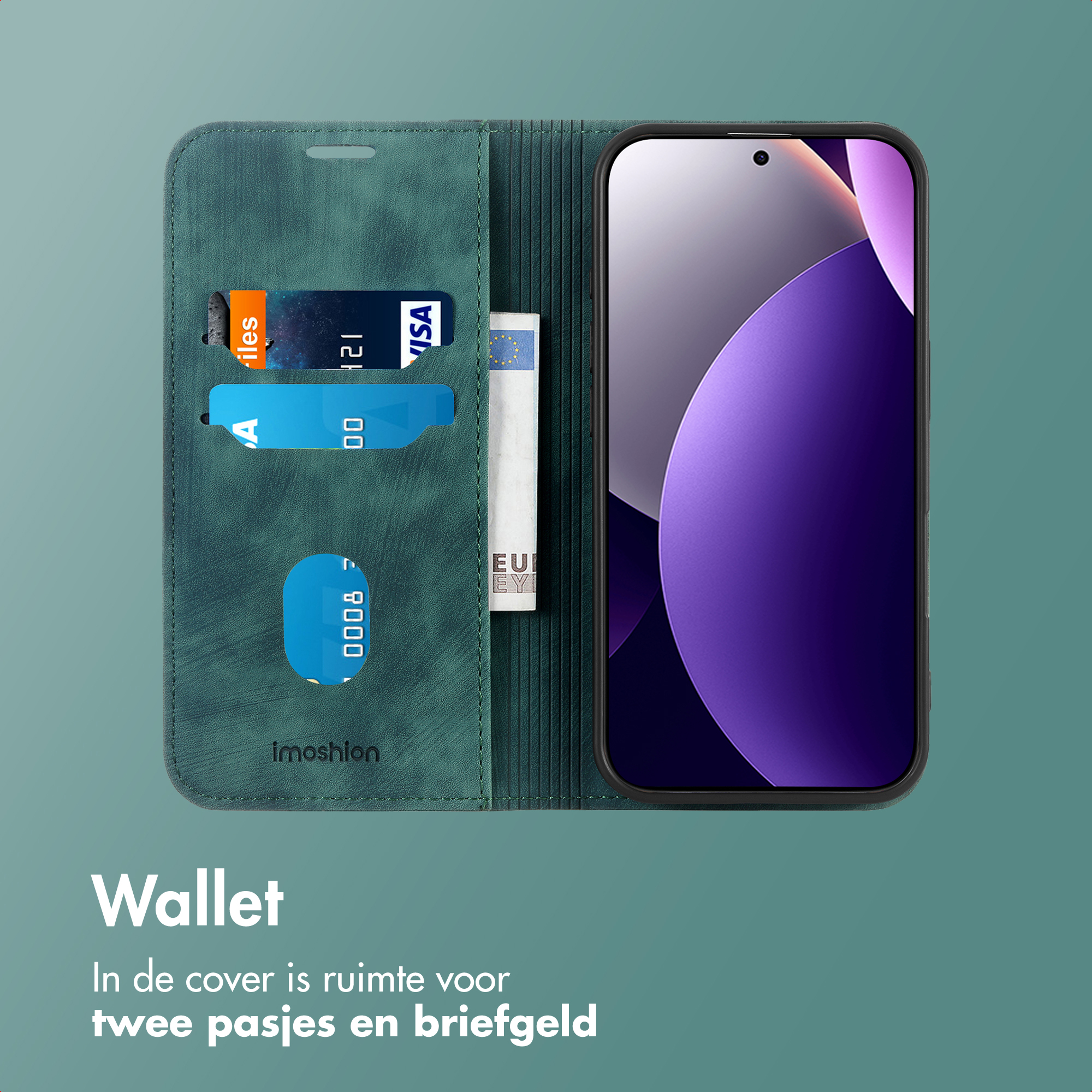 Groene telefoonhoes met kaarthouders en een smartphone. Een Visa en een eurobiljet zijn zichtbaar.