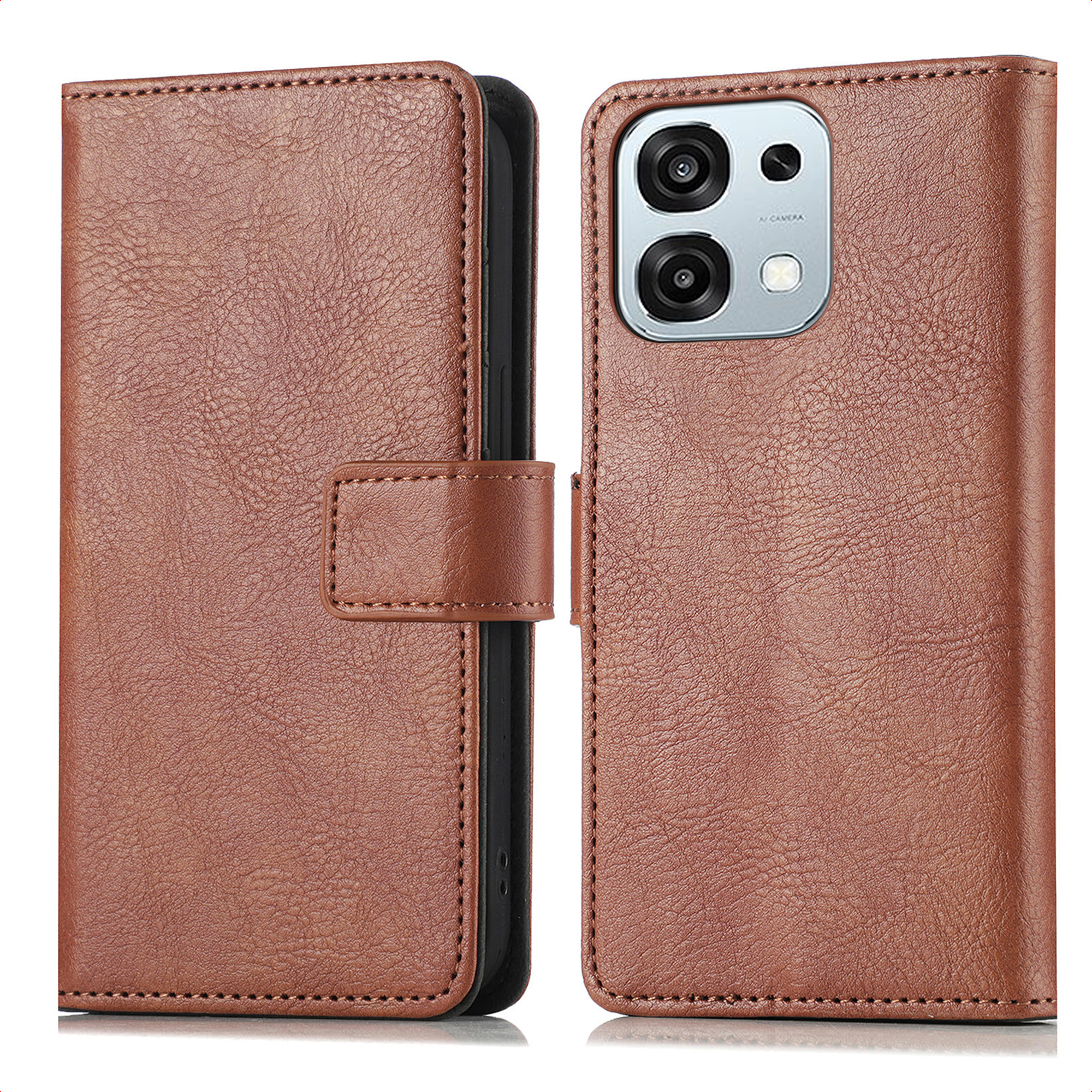 Étui en cuir marron pour téléphone, ouvert montrant le module caméra.