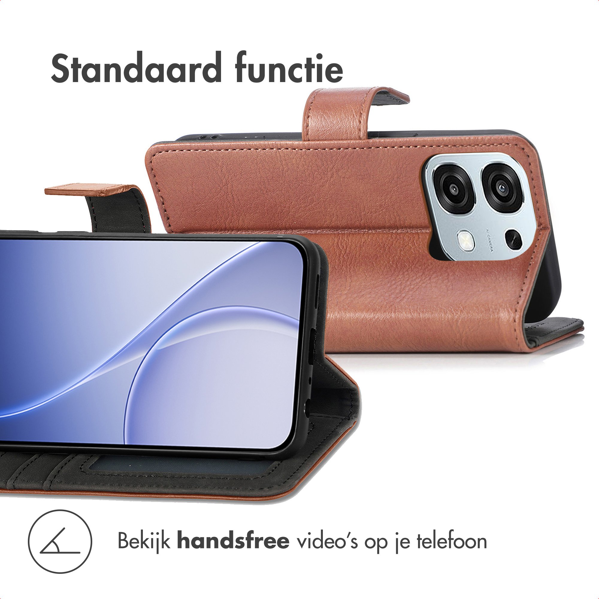 Étui de téléphone marron avec fonction support et système de caméra.