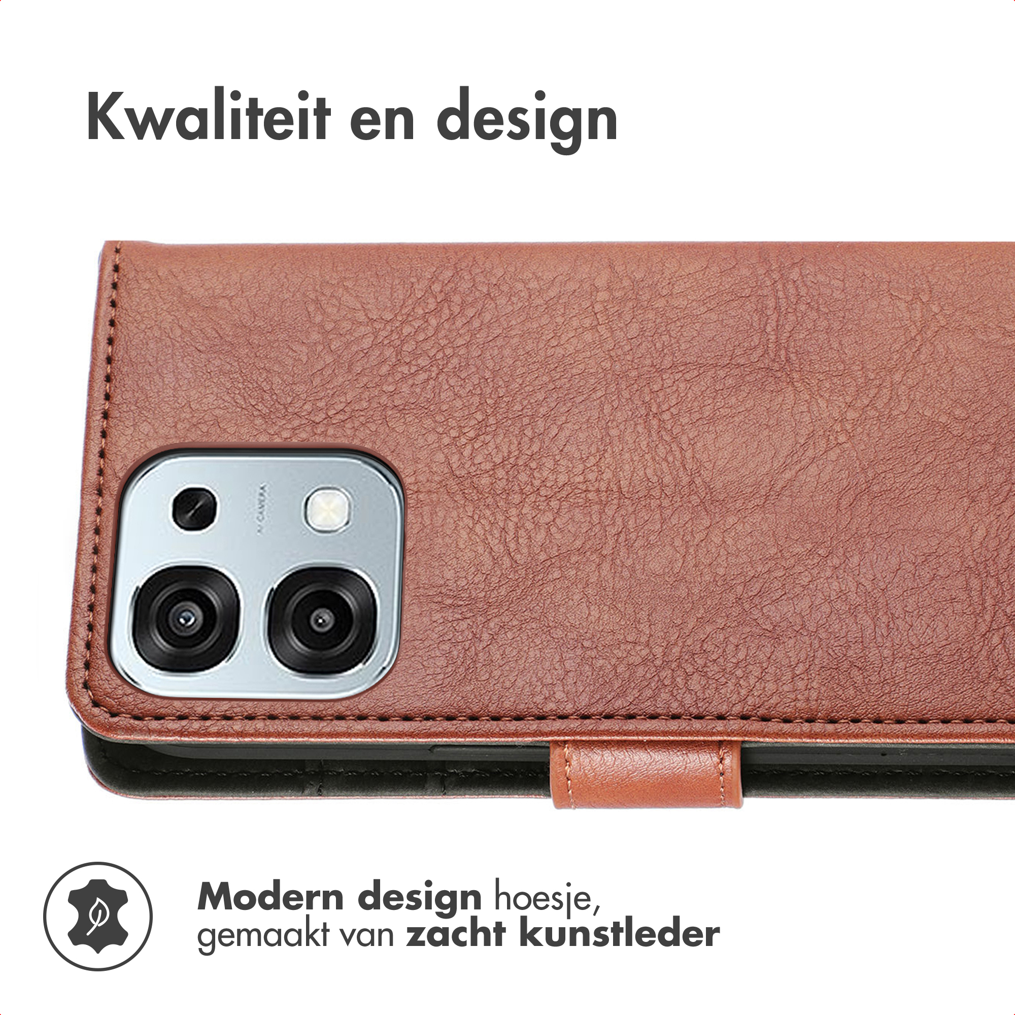 Étui de téléphone en similicuir marron avec découpe caméra et texte.