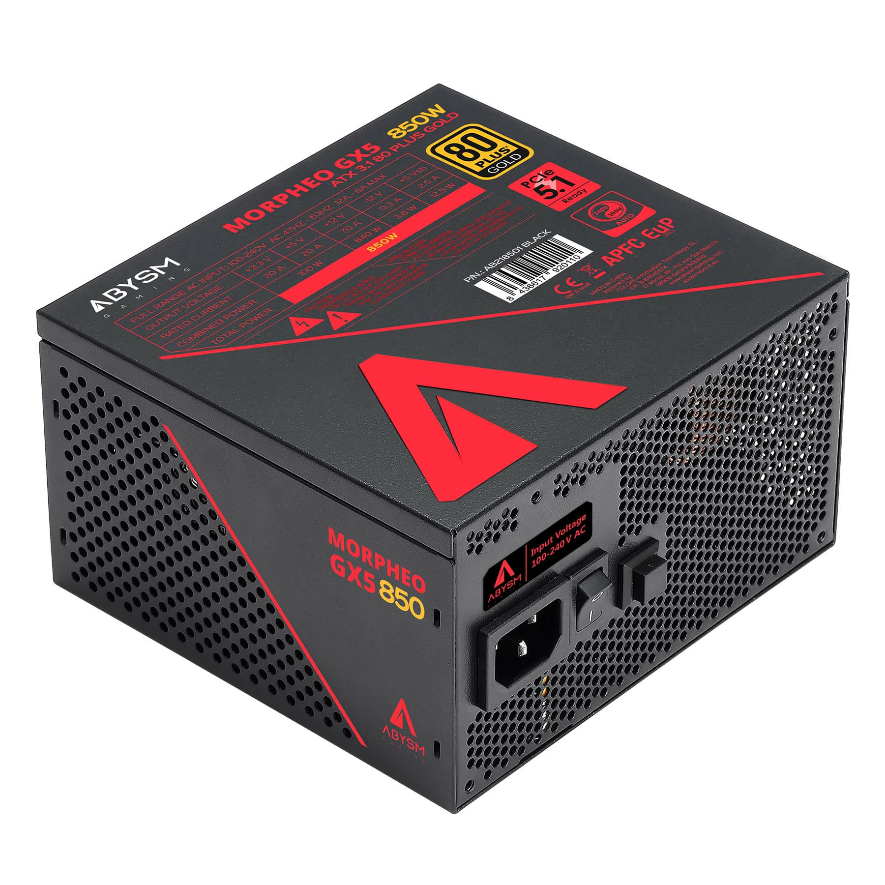 Fuente de alimentación negra con acentos rojos y etiquetas, 850W, 80 PLUS Gold.