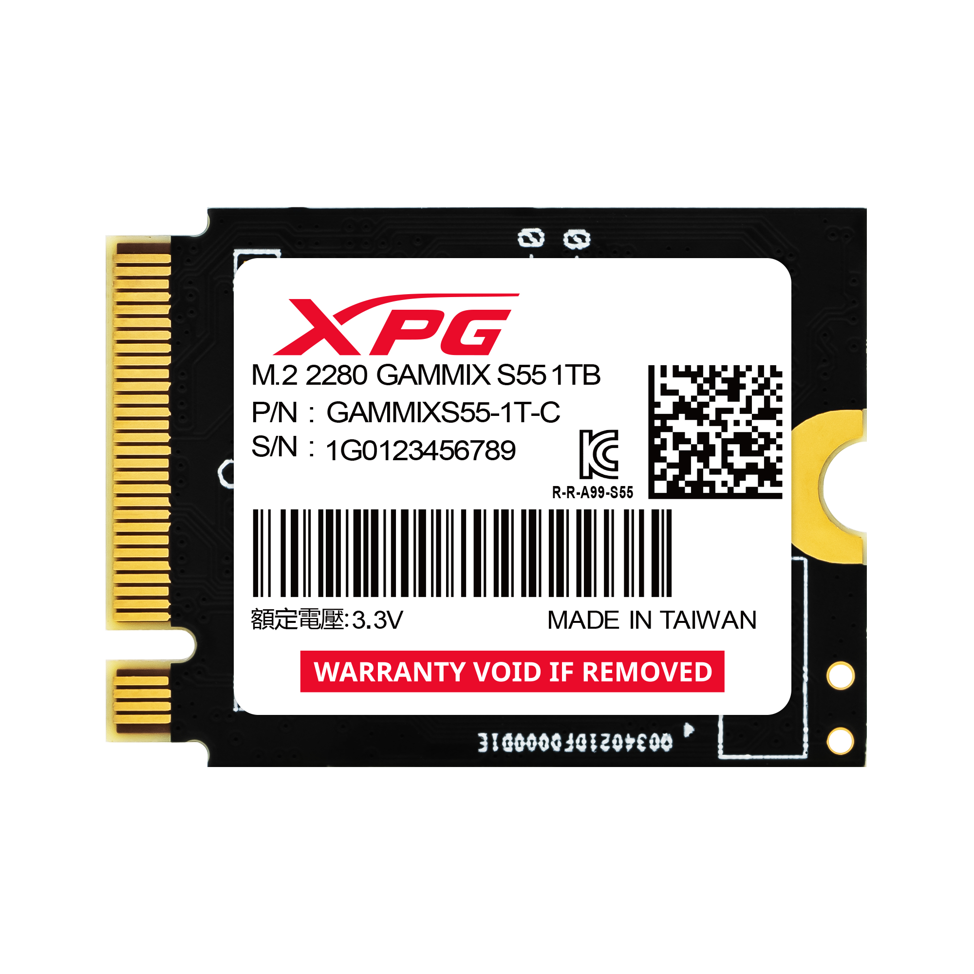 Dysk SSD XPG M.2, 1TB, model GAMMIX S55, Wyprodukowano na Tajwanie.
