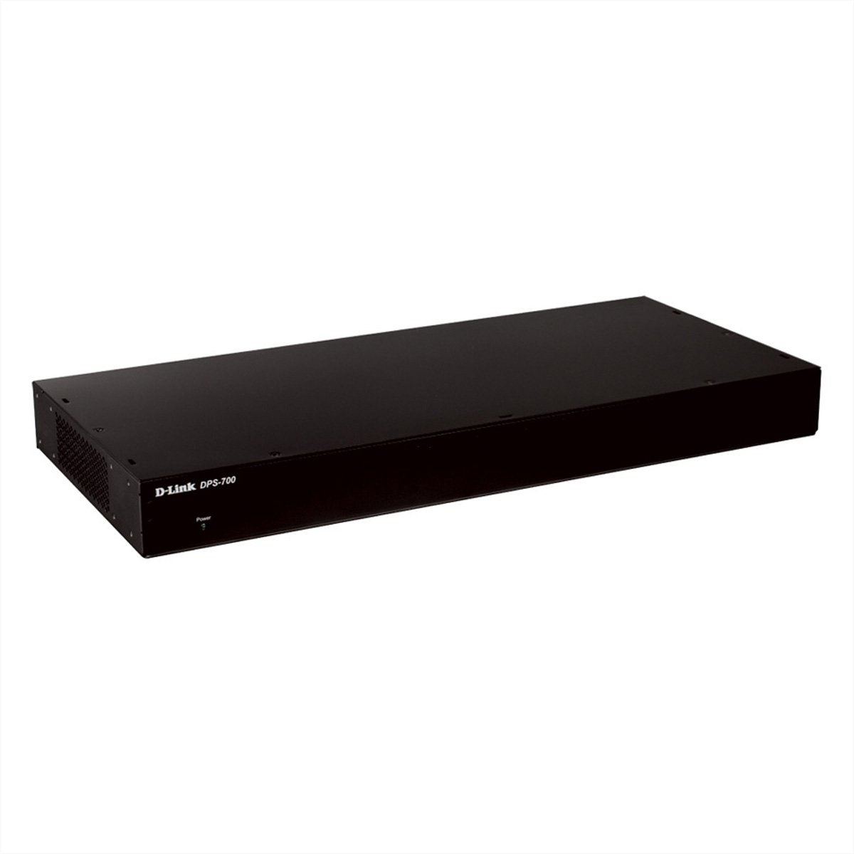 Dispositivo D-Link DPS-700 negro con botón de encendido sobre fondo blanco.