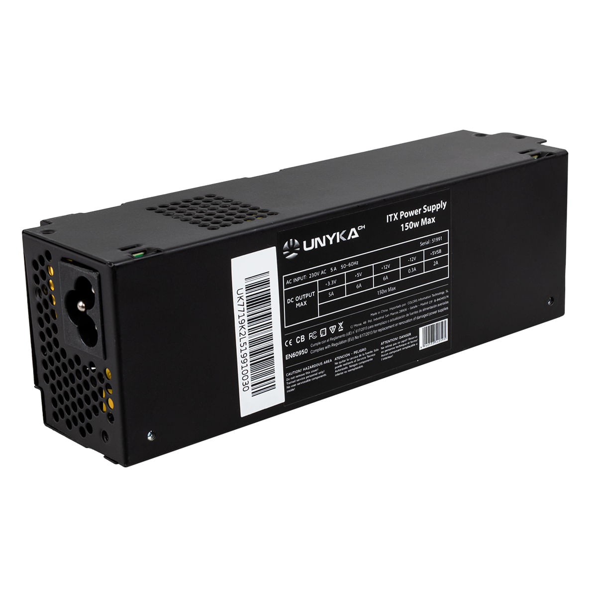 Fuente de alimentación ITX negra con rejillas de ventilación y etiqueta de especificaciones.